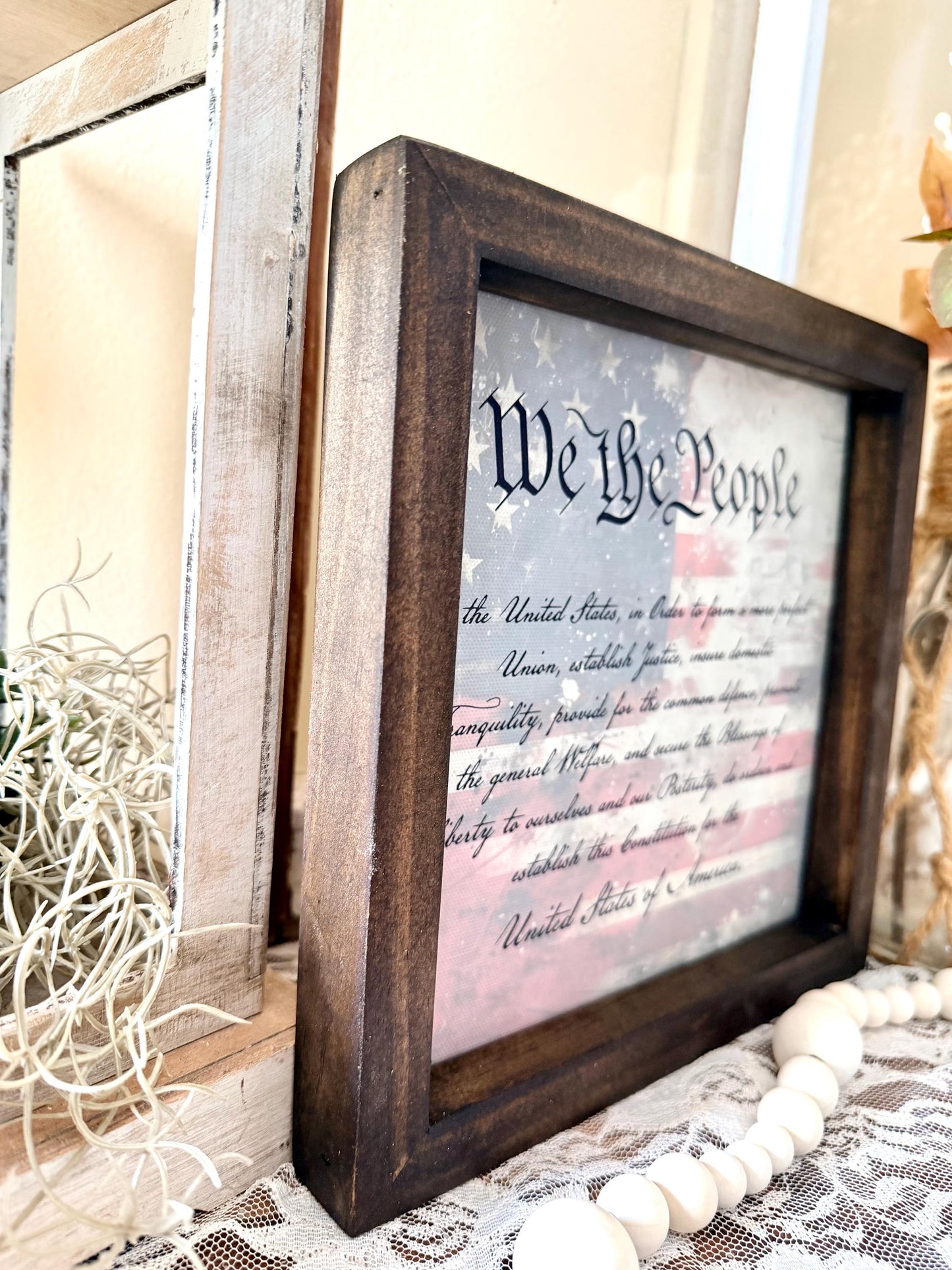 Patriotic Wood Framed Sign, We The People Decor, Americana Farmhouse Sign, Fourth of July Shelf Decor, Rustic USA Home Decor