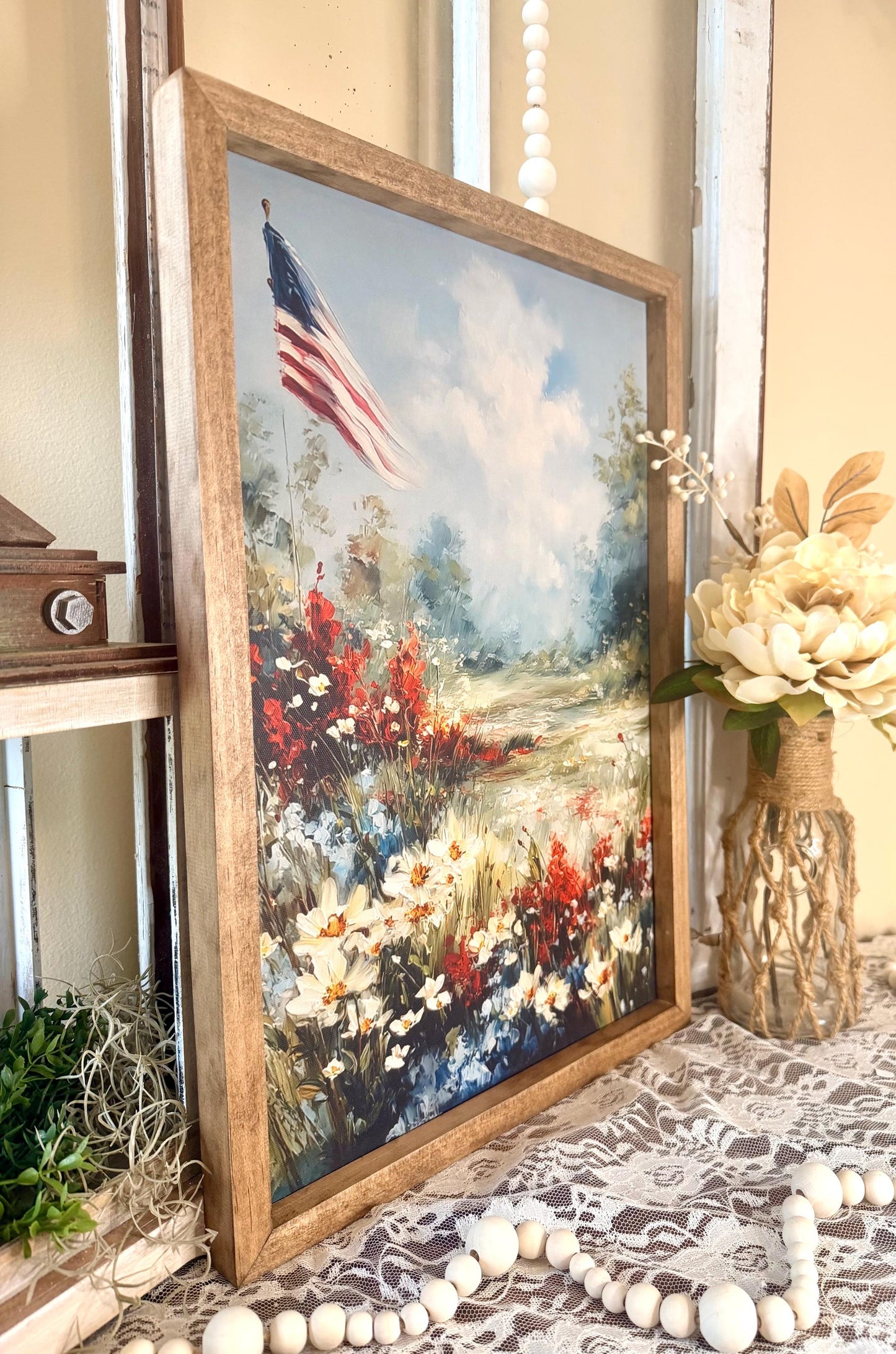 Patriotic Wood Framed Canvas Art, American Flag Floral Wall Decor, Rustic Americana Home Accent, Fourth of July Decor, Farmhouse Shelf Art