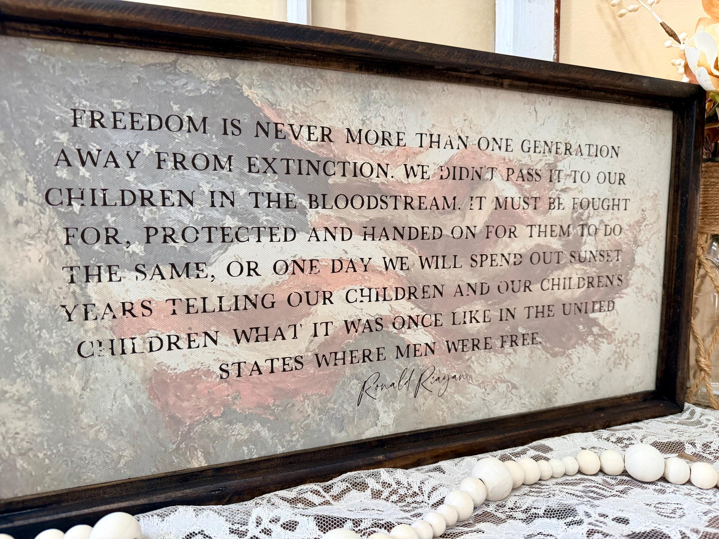 Patriotic Wood Framed Canvas Wall Art, Ronald Reagan Freedom Quote Sign, Americana Farmhouse Decor, Fourth of July Wall Plaque, USA wall art