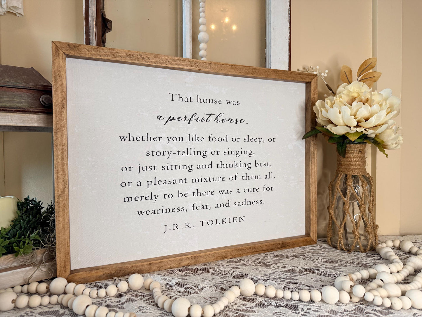 J.R.R. Tolkien Quote Wall Art, Handmade Wood Framed Canvas Sign, Farmhouse Neutral Home Decor, Literary Quote Plaque, Rustic Shelf Decor
