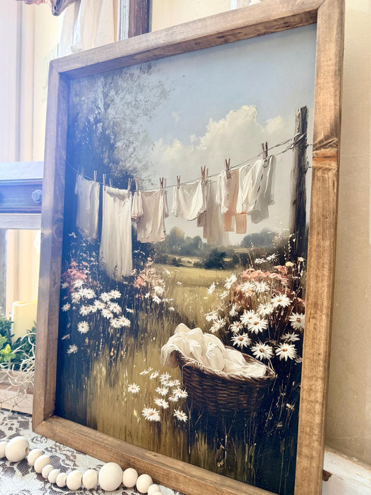 Rustic Farmhouse Laundry Room Wall Art | Wood Framed Canvas Sign | Laundry Clothes Line Decor | Neutral Cottagecore Wall Decor