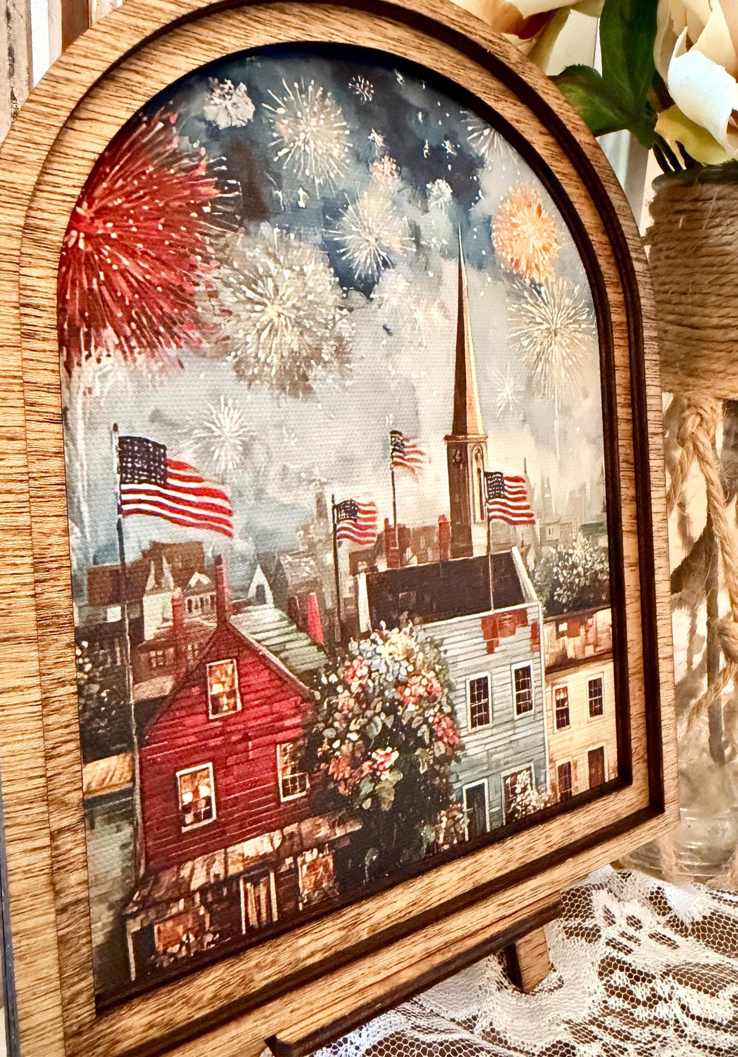Patriotic Americana Arched Wood Frame Canvas Art | 4th of July Fireworks Town Scene | Rustic Farmhouse Shelf Sitter | Independence Day Home