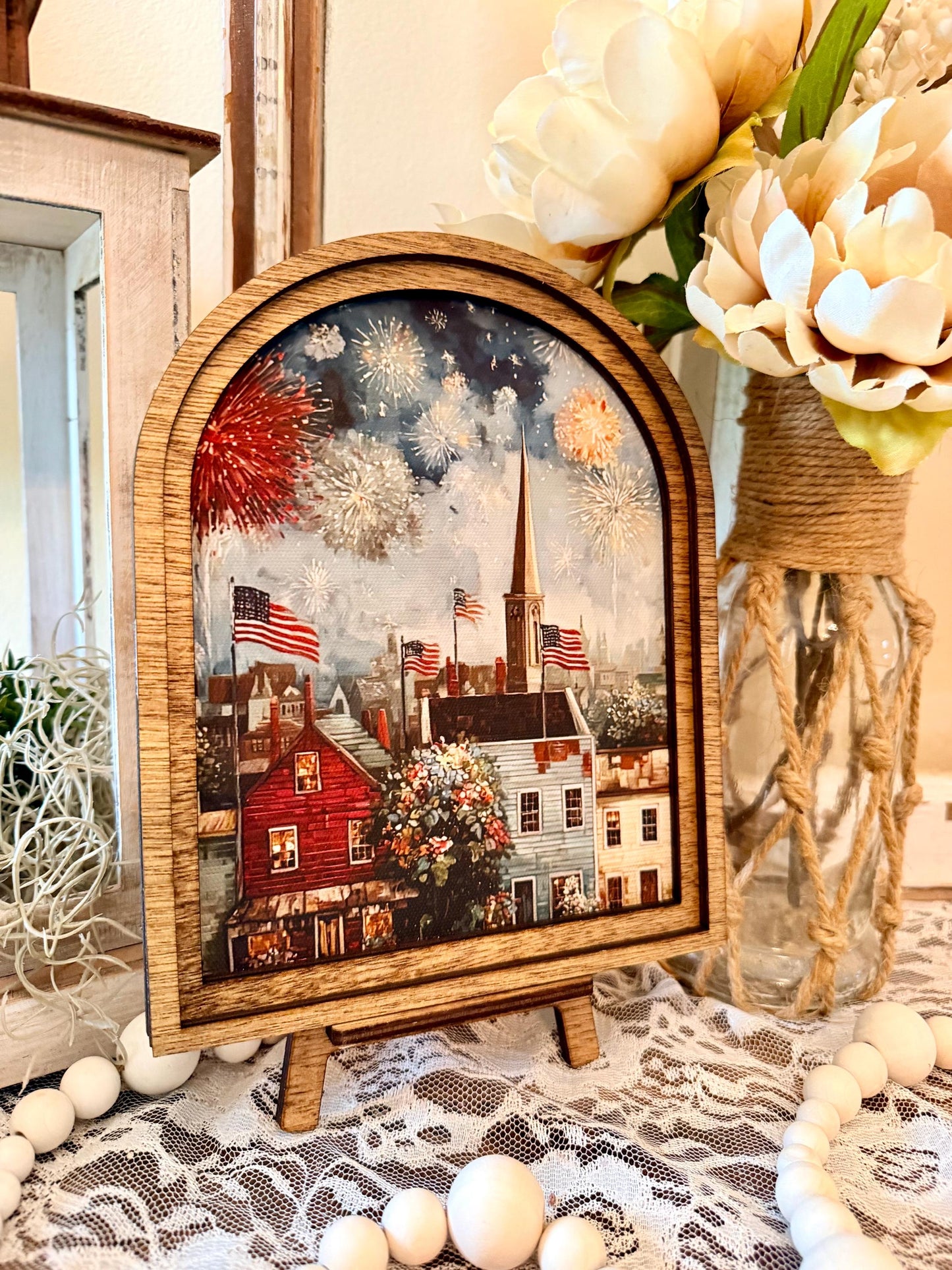 Patriotic Americana Arched Wood Frame Canvas Art | 4th of July Fireworks Town Scene | Rustic Farmhouse Shelf Sitter | Independence Day Home