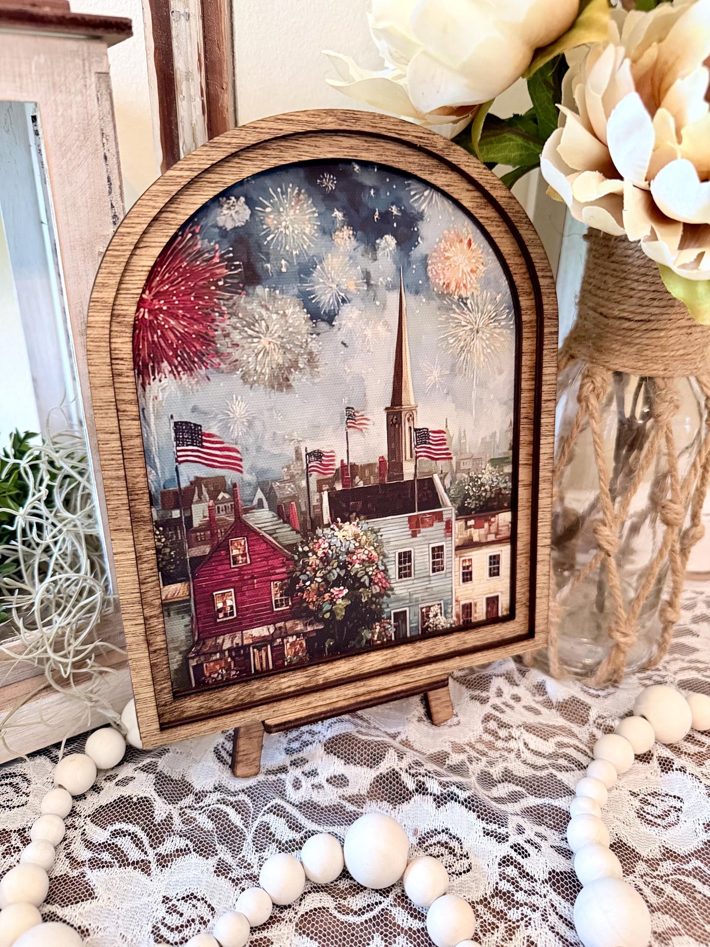Patriotic Americana Arched Wood Frame Canvas Art | 4th of July Fireworks Town Scene | Rustic Farmhouse Shelf Sitter | Independence Day Home