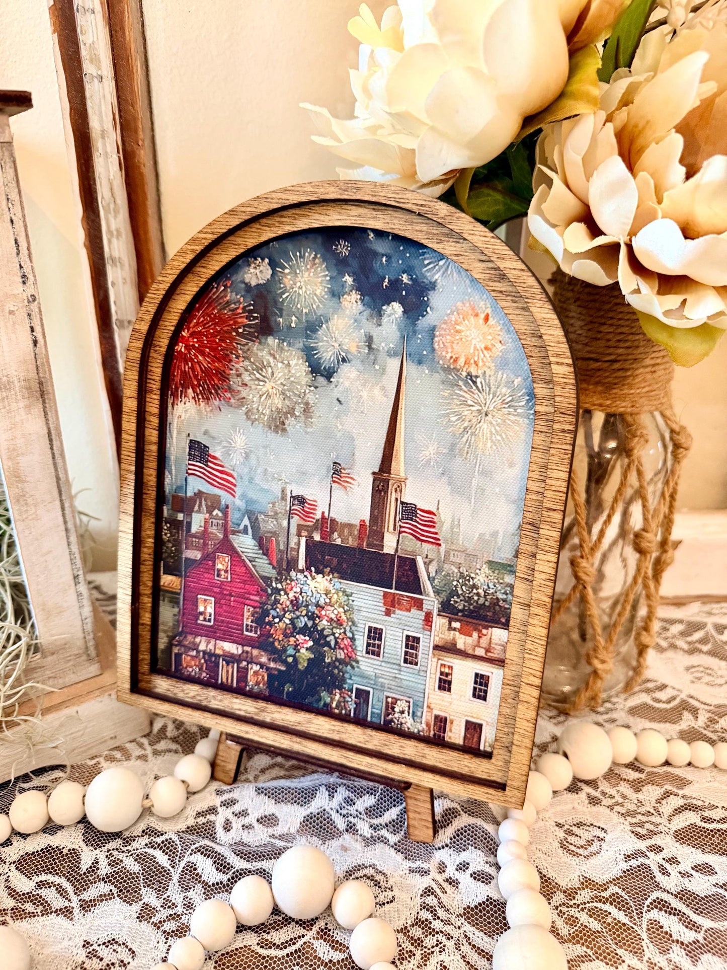 Patriotic Americana Arched Wood Frame Canvas Art | 4th of July Fireworks Town Scene | Rustic Farmhouse Shelf Sitter | Independence Day Home