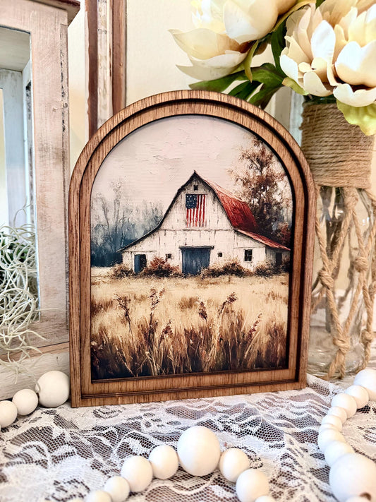 Patriotic Farmhouse Arched Wood Frame Canvas Art | American Flag Barn Shelf Sitter | Rustic 4th of July Home Accent | Tiered Tray Decor