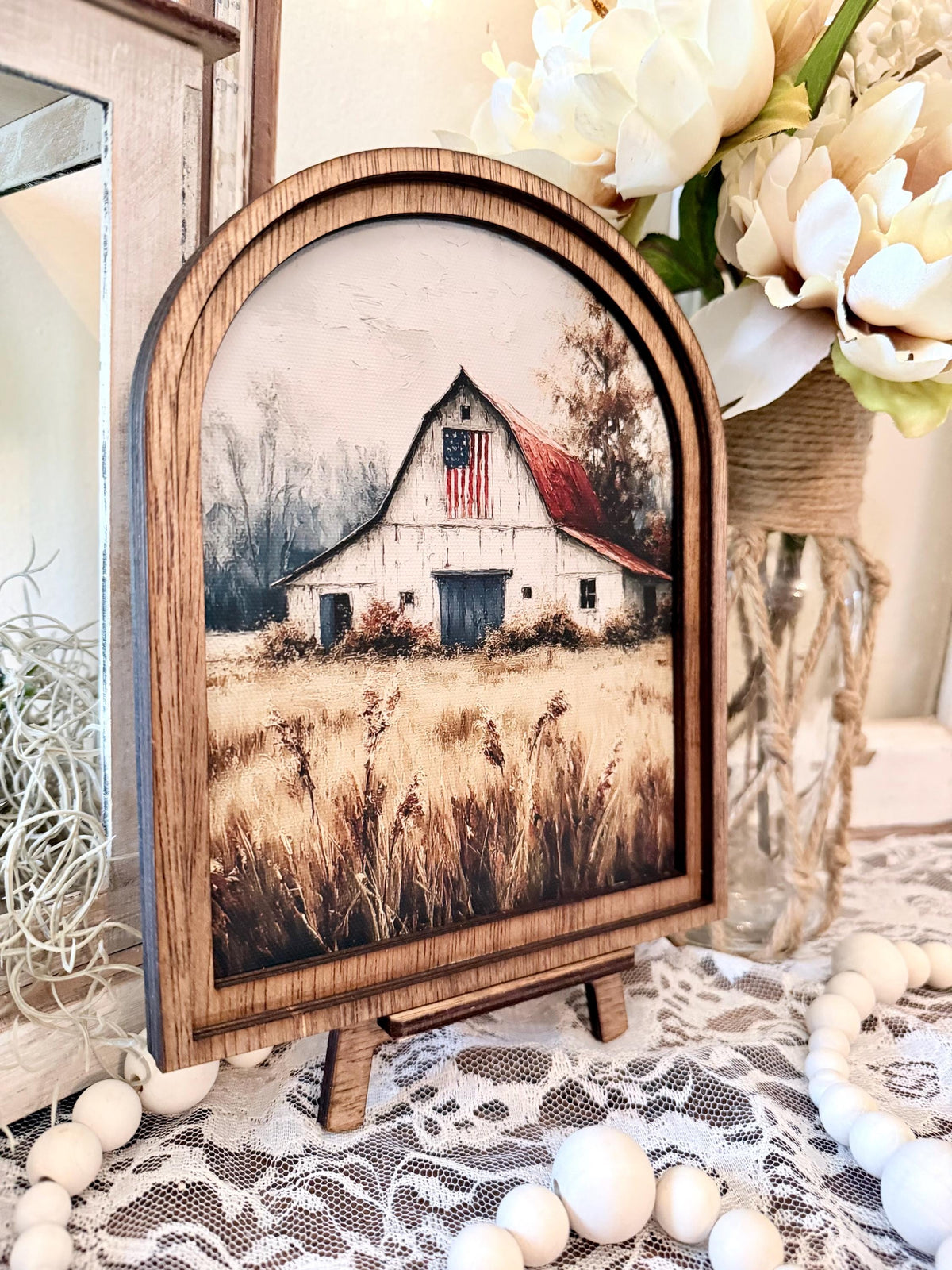 Patriotic Farmhouse Arched Wood Frame Canvas Art | American Flag Barn Shelf Sitter | Rustic 4th of July Home Accent | Tiered Tray Decor