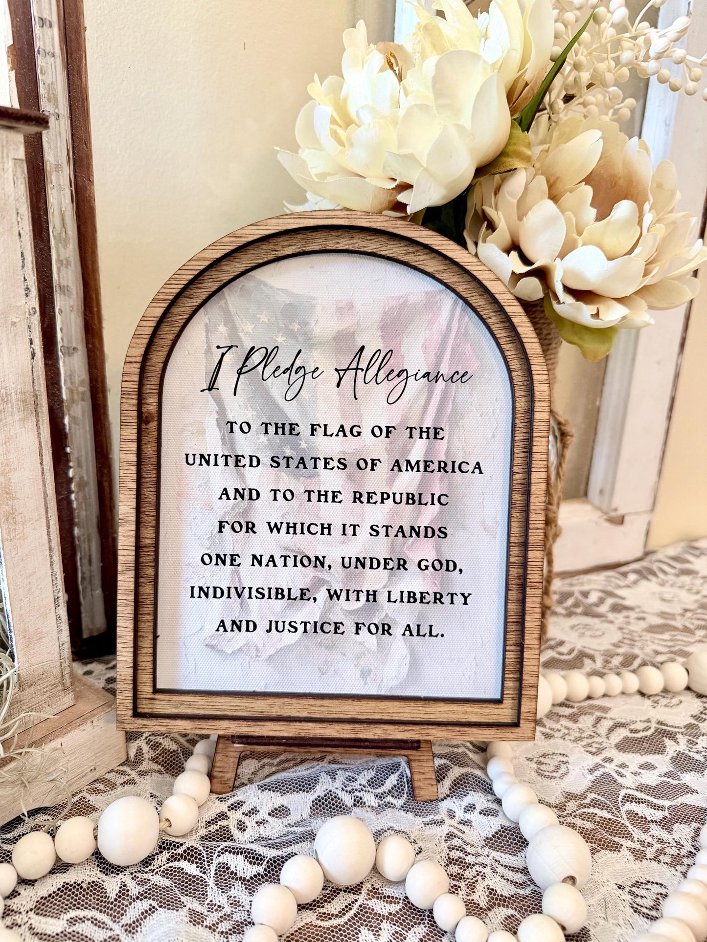 Handmade Arched Wood Frame Pledge of Allegiance Sign | Patriotic Farmhouse Shelf Decor | American Flag Home Accent | 4th of July Gift
