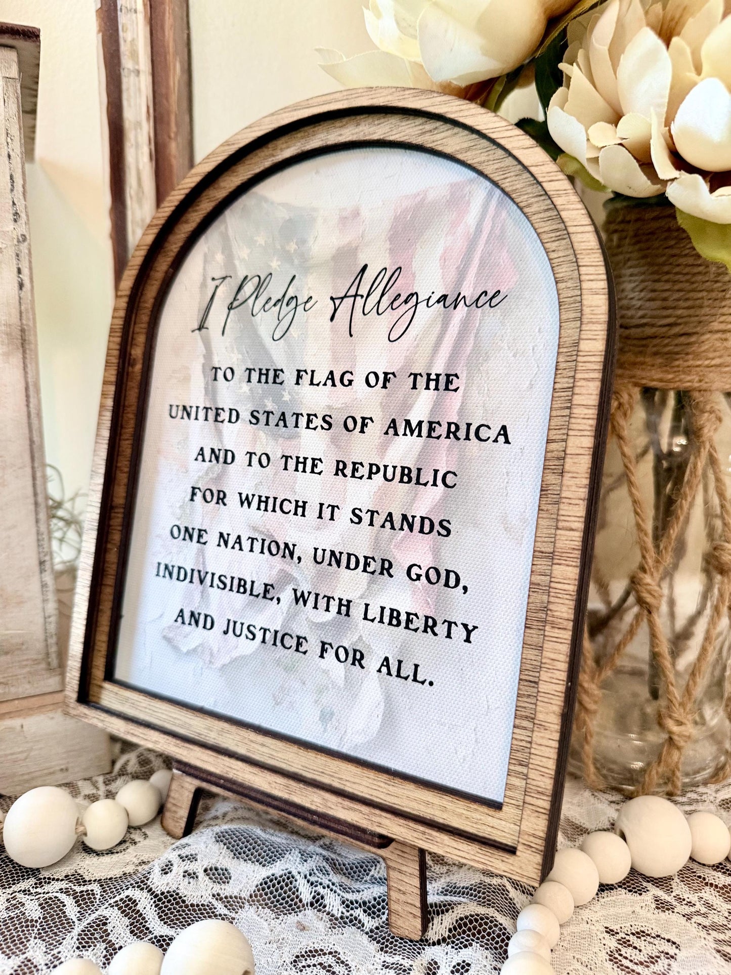 Handmade Arched Wood Frame Pledge of Allegiance Sign | Patriotic Farmhouse Shelf Decor | American Flag Home Accent | 4th of July Gift