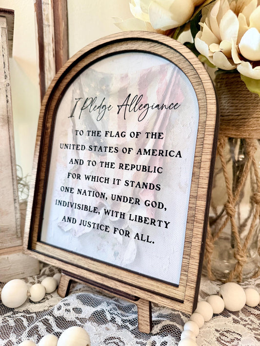 Handmade Arched Wood Frame Pledge of Allegiance Sign | Patriotic Farmhouse Shelf Decor | American Flag Home Accent | 4th of July Gift