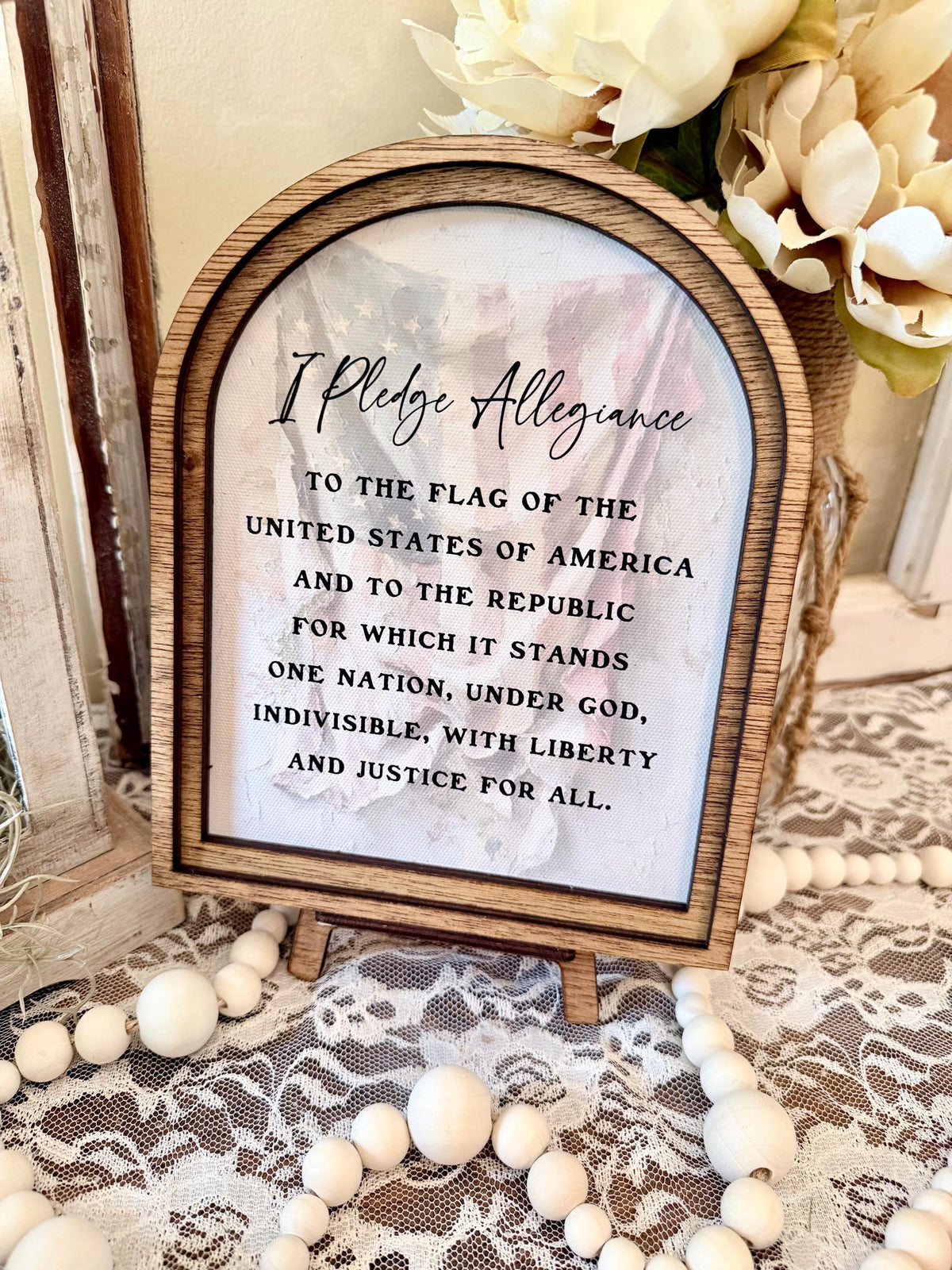 Handmade Arched Wood Frame Pledge of Allegiance Sign | Patriotic Farmhouse Shelf Decor | American Flag Home Accent | 4th of July Gift