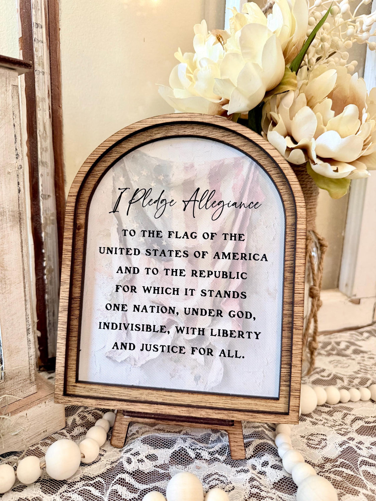 Handmade Arched Wood Frame Pledge of Allegiance Sign | Patriotic Farmhouse Shelf Decor | American Flag Home Accent | 4th of July Gift