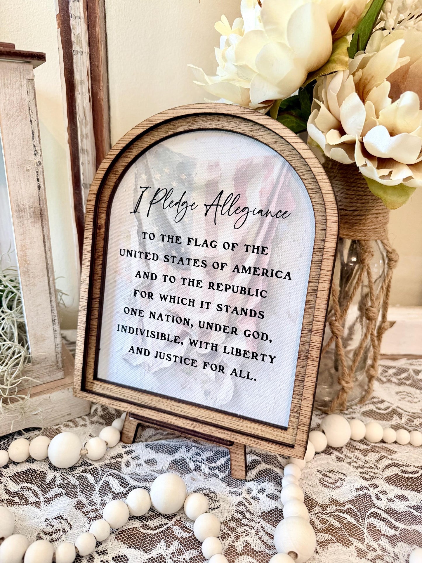 Handmade Arched Wood Frame Pledge of Allegiance Sign | Patriotic Farmhouse Shelf Decor | American Flag Home Accent | 4th of July Gift