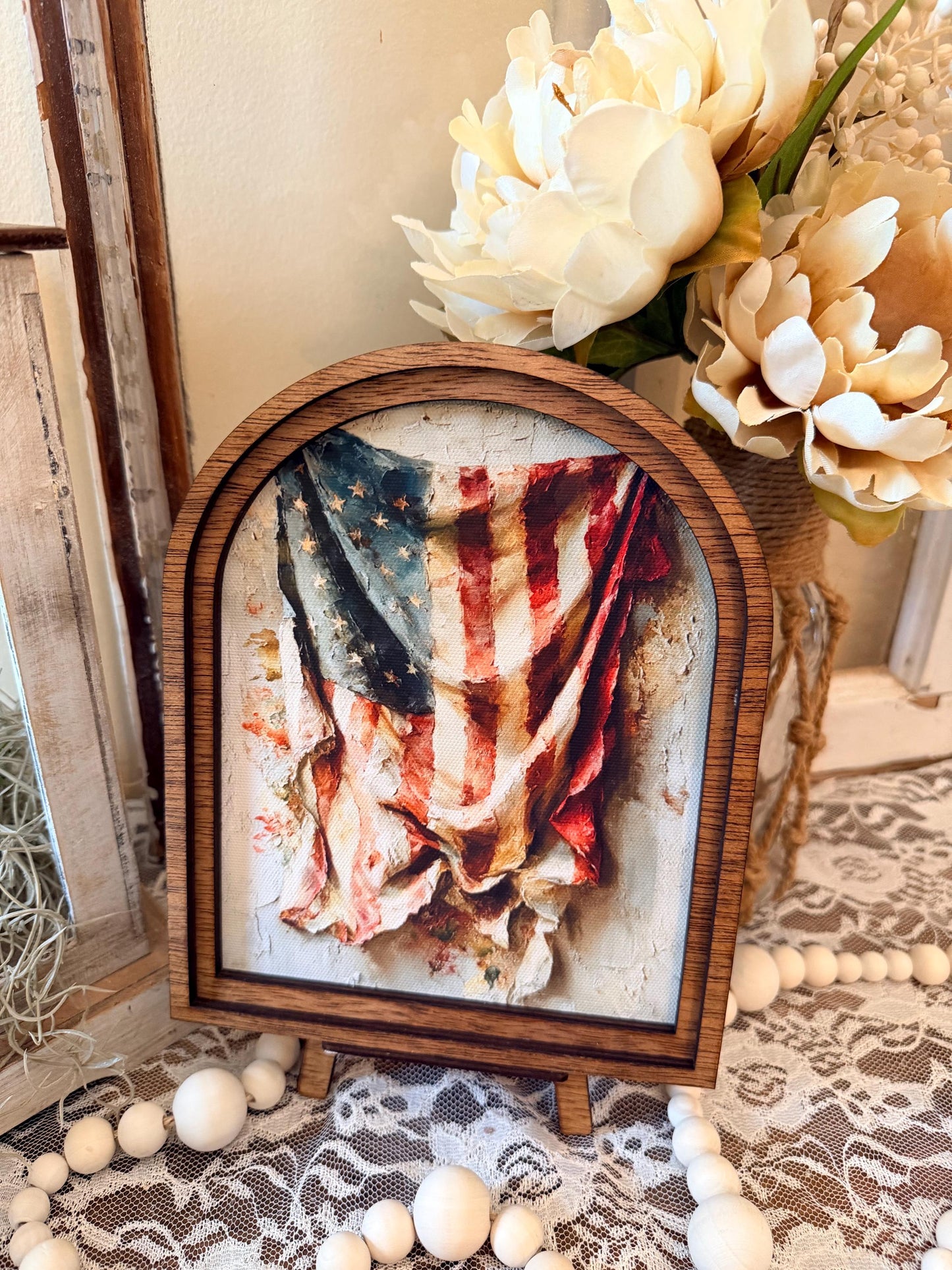 Patriotic Americana Arched Wood Frame Canvas Art | 4th of July American Flag | Rustic Farmhouse Shelf Sitter | Independence Day Home
