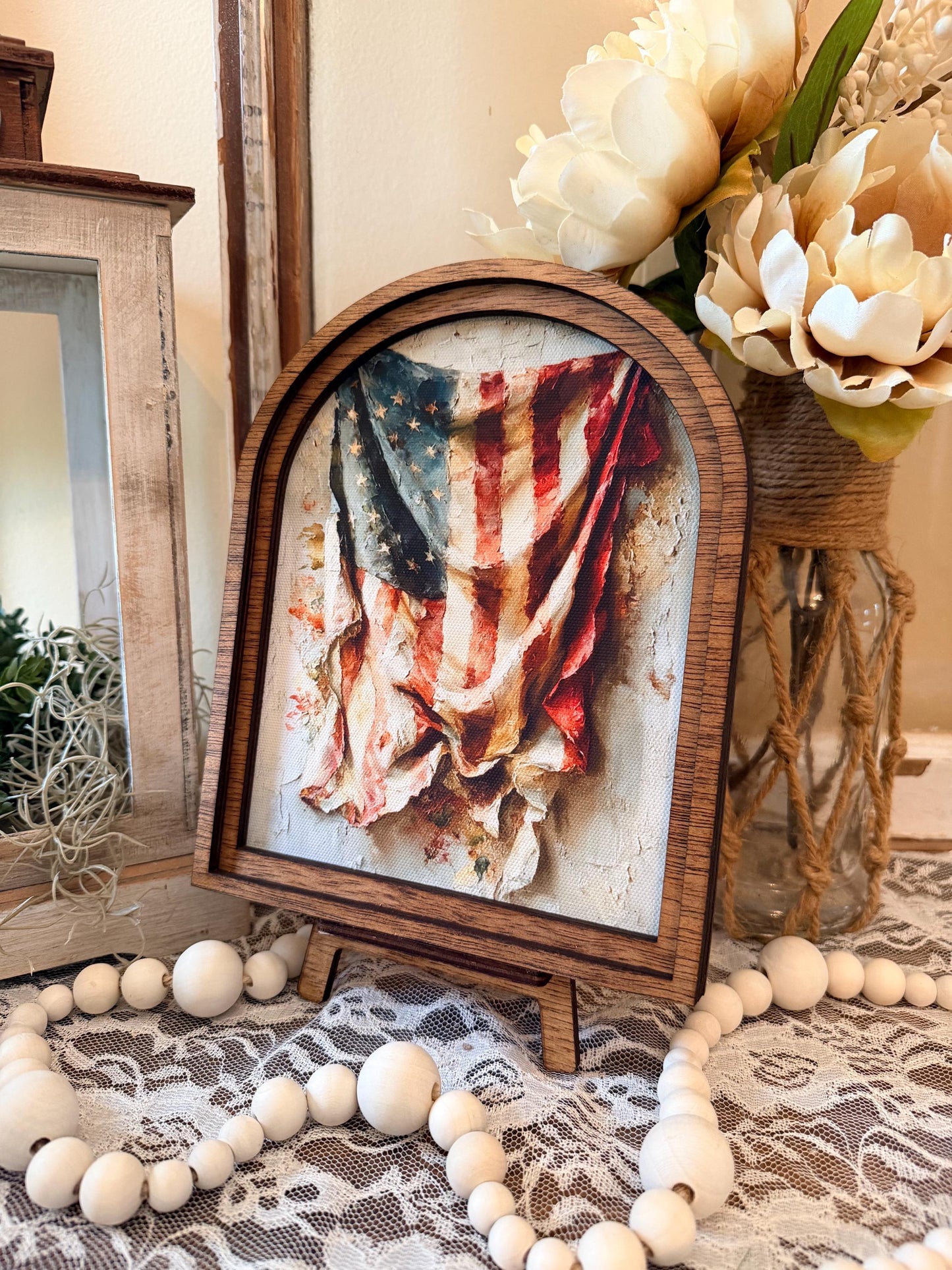 Patriotic Americana Arched Wood Frame Canvas Art | 4th of July American Flag | Rustic Farmhouse Shelf Sitter | Independence Day Home