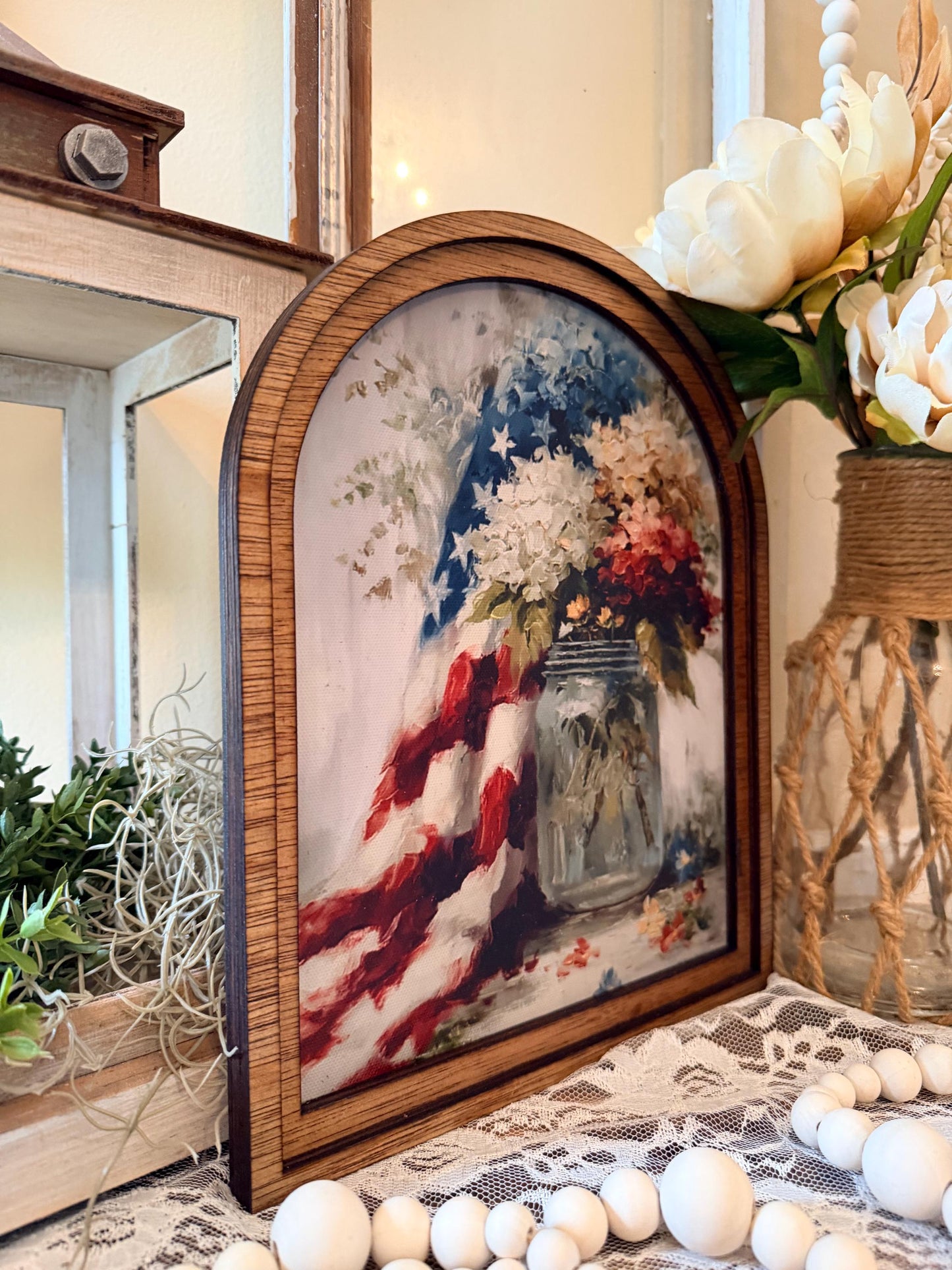 Patriotic Arch Frame Sign | American Flag Mason Jar Floral | Farmhouse 4th of July Decor | Wood Arched Tiered Tray Sign | Memorial Day Home