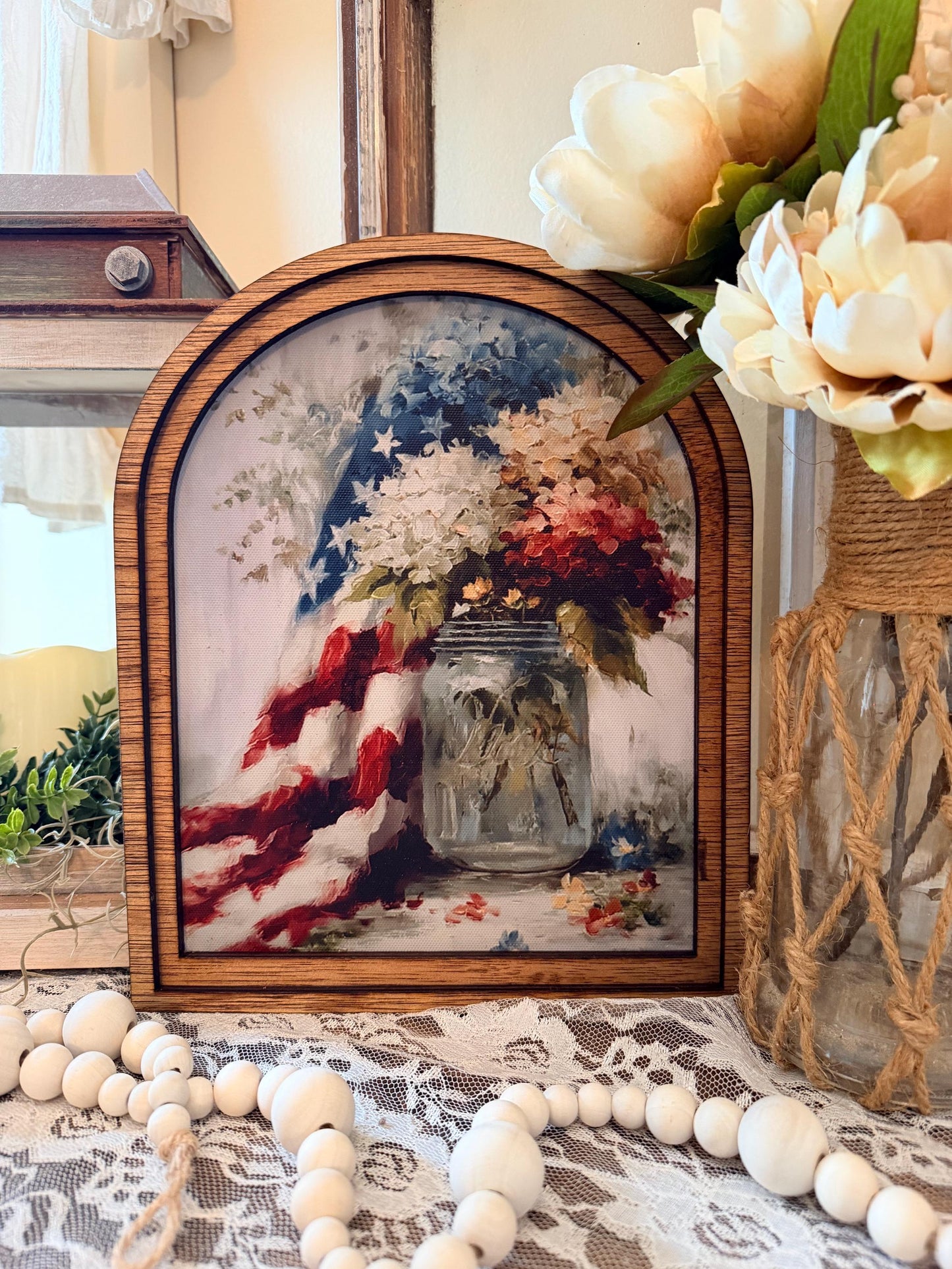 Patriotic Arch Frame Sign | American Flag Mason Jar Floral | Farmhouse 4th of July Decor | Wood Arched Tiered Tray Sign | Memorial Day Home