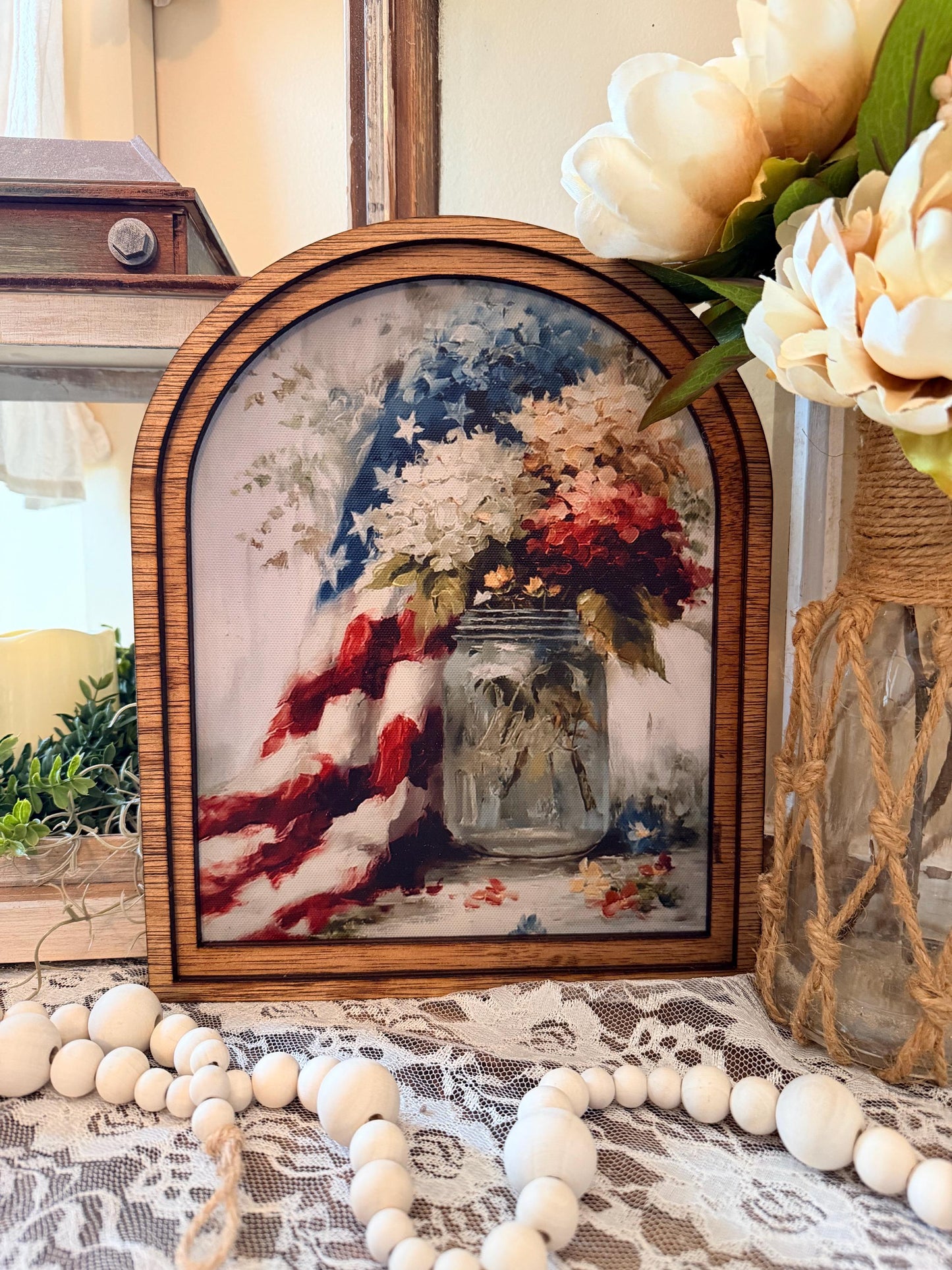 Patriotic Arch Frame Sign | American Flag Mason Jar Floral | Farmhouse 4th of July Decor | Wood Arched Tiered Tray Sign | Memorial Day Home