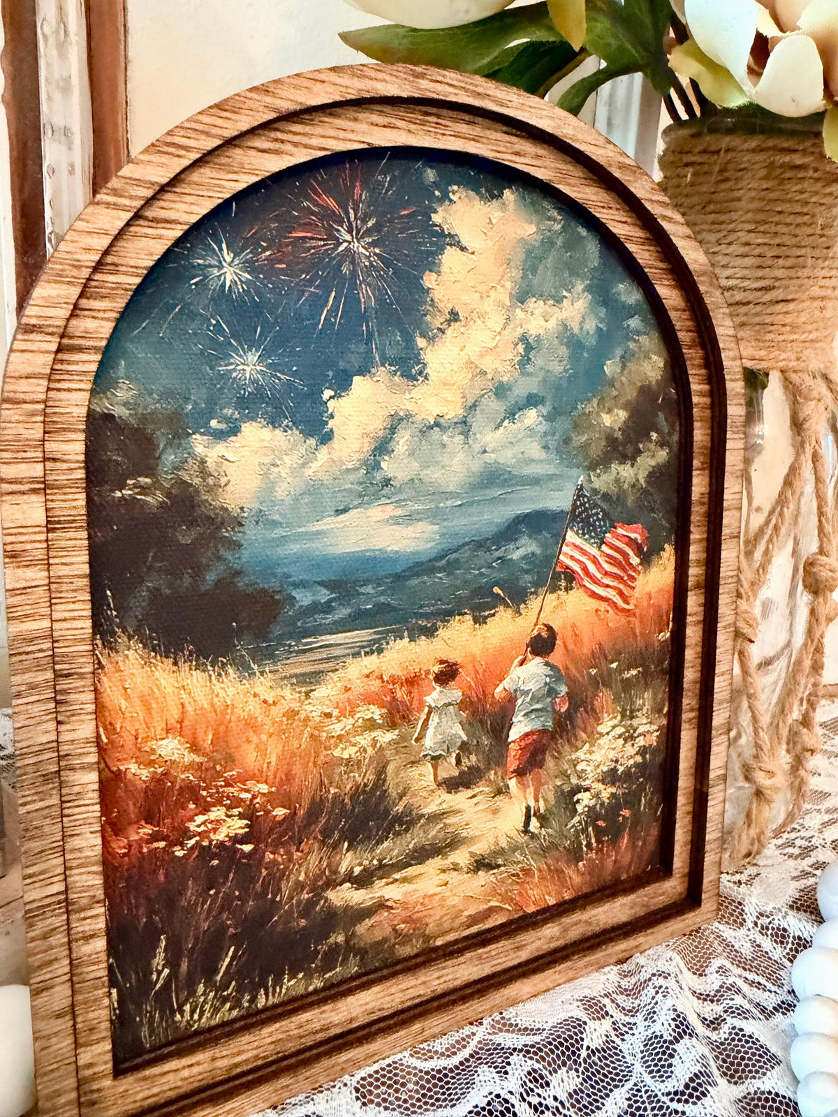 Patriotic Arched Wood Frame Shelf Sitter | 4th of July Farmhouse Americana Decor | Children Flag Art