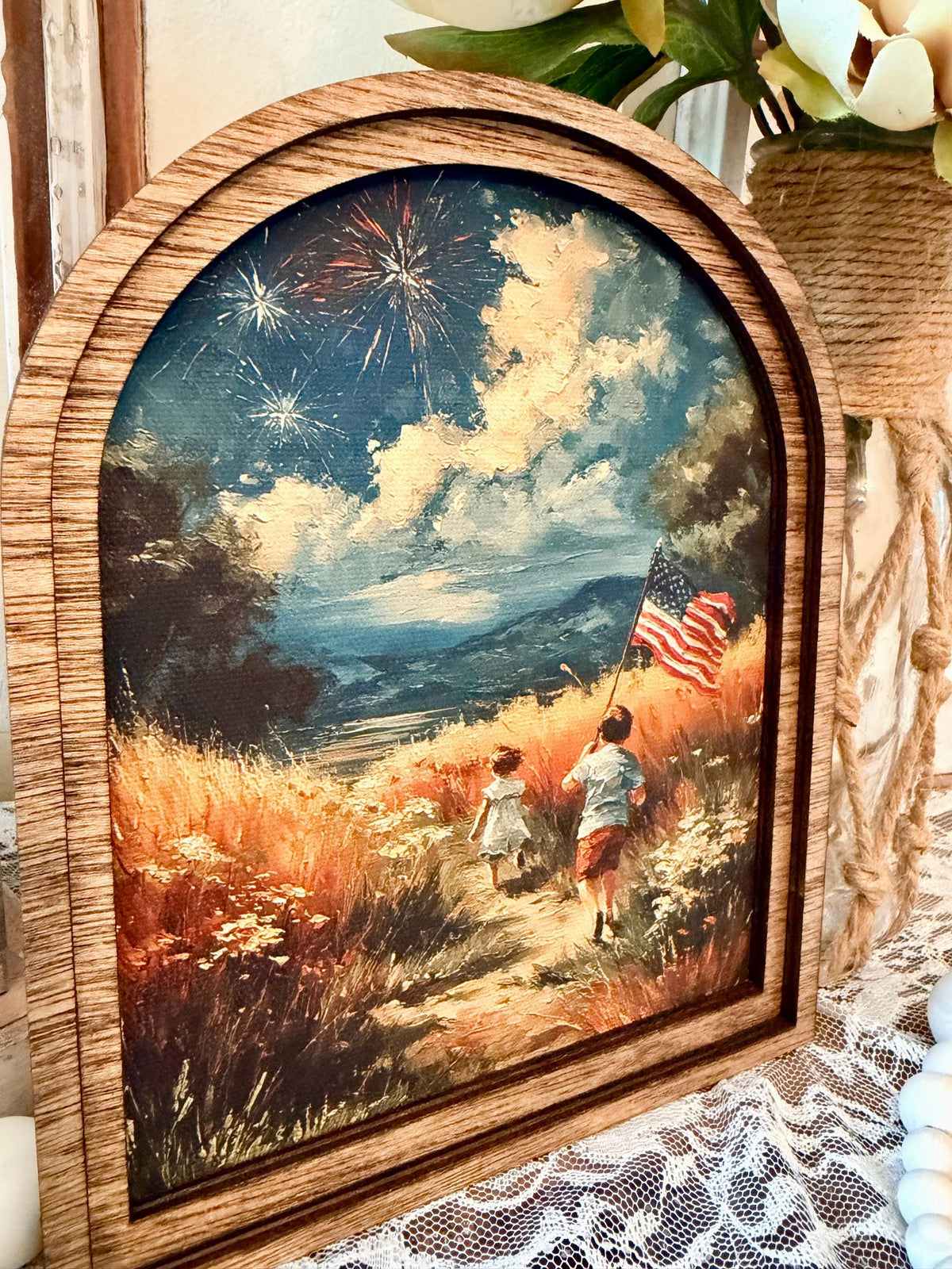 Patriotic Arched Wood Frame Shelf Sitter | 4th of July Farmhouse Americana Decor | Children Flag Art