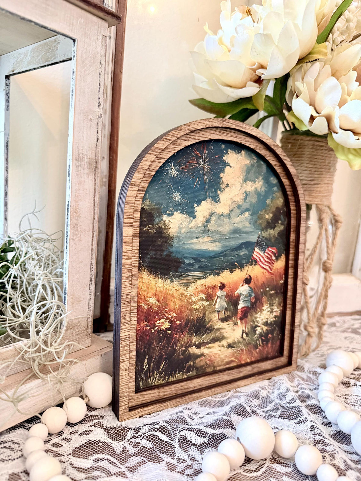 Patriotic Arched Wood Frame Shelf Sitter | 4th of July Farmhouse Americana Decor | Children Flag Art