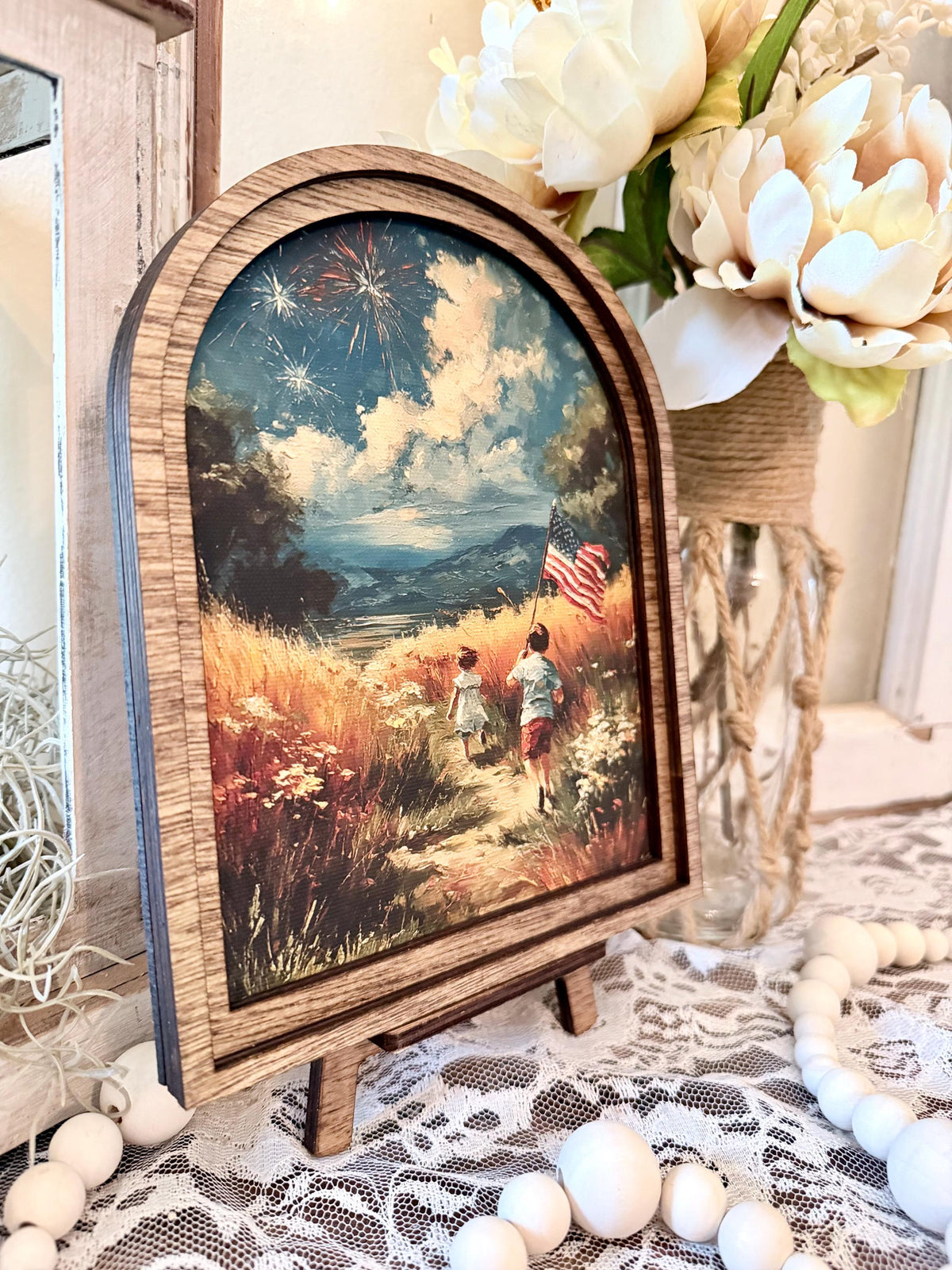 Patriotic Arched Wood Frame Shelf Sitter | 4th of July Farmhouse Americana Decor | Children Flag Art