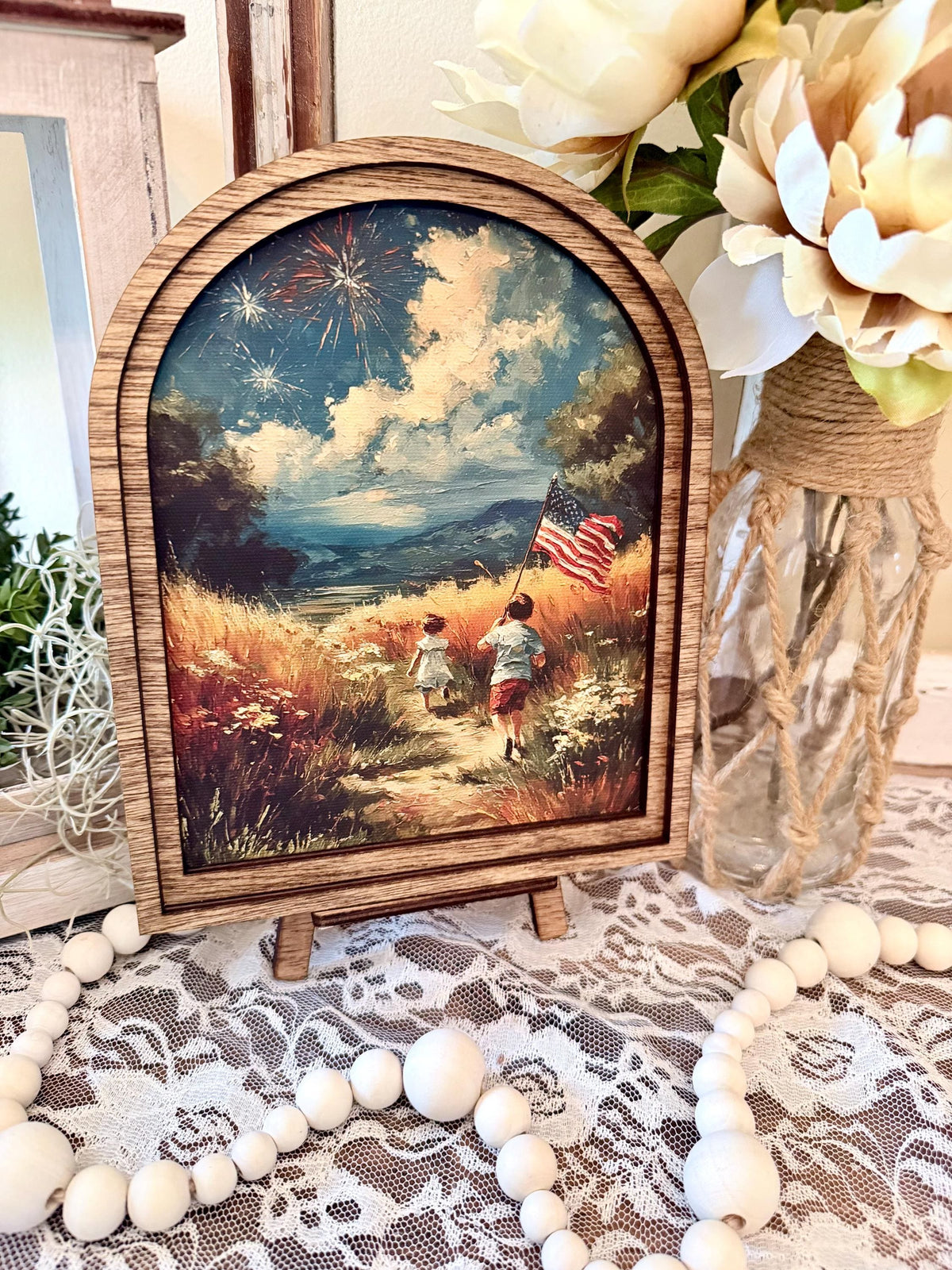 Patriotic Arched Wood Frame Shelf Sitter | 4th of July Farmhouse Americana Decor | Children Flag Art