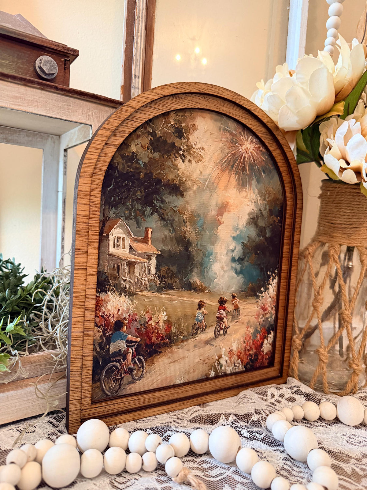 Patriotic Arched Wood Frame Shelf Sitter | 4th of July Farmhouse Americana Decor | Children Flag Art