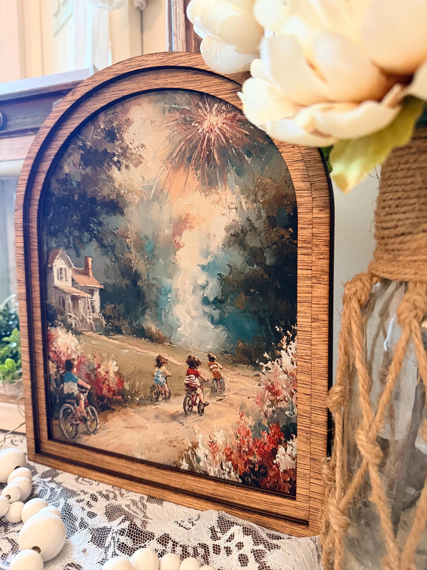 Patriotic Arched Wood Frame Shelf Sitter | 4th of July Farmhouse Americana Decor | Children Flag Art