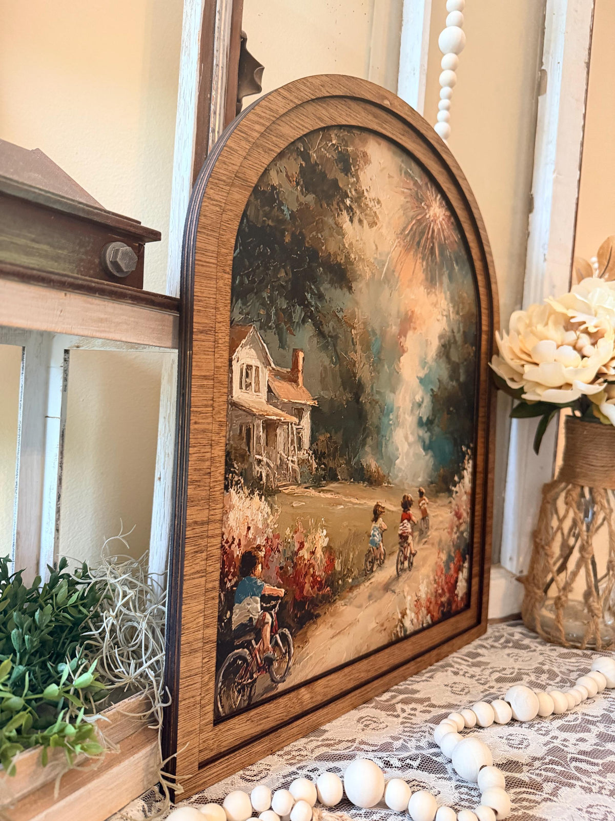 Patriotic Arched Wood Frame Shelf Sitter | 4th of July Farmhouse Americana Decor | Children Flag Art