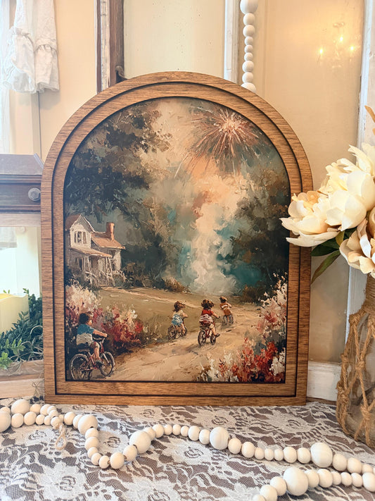Patriotic Arched Wood Frame Shelf Sitter | 4th of July Farmhouse Americana Decor | Children Flag Art