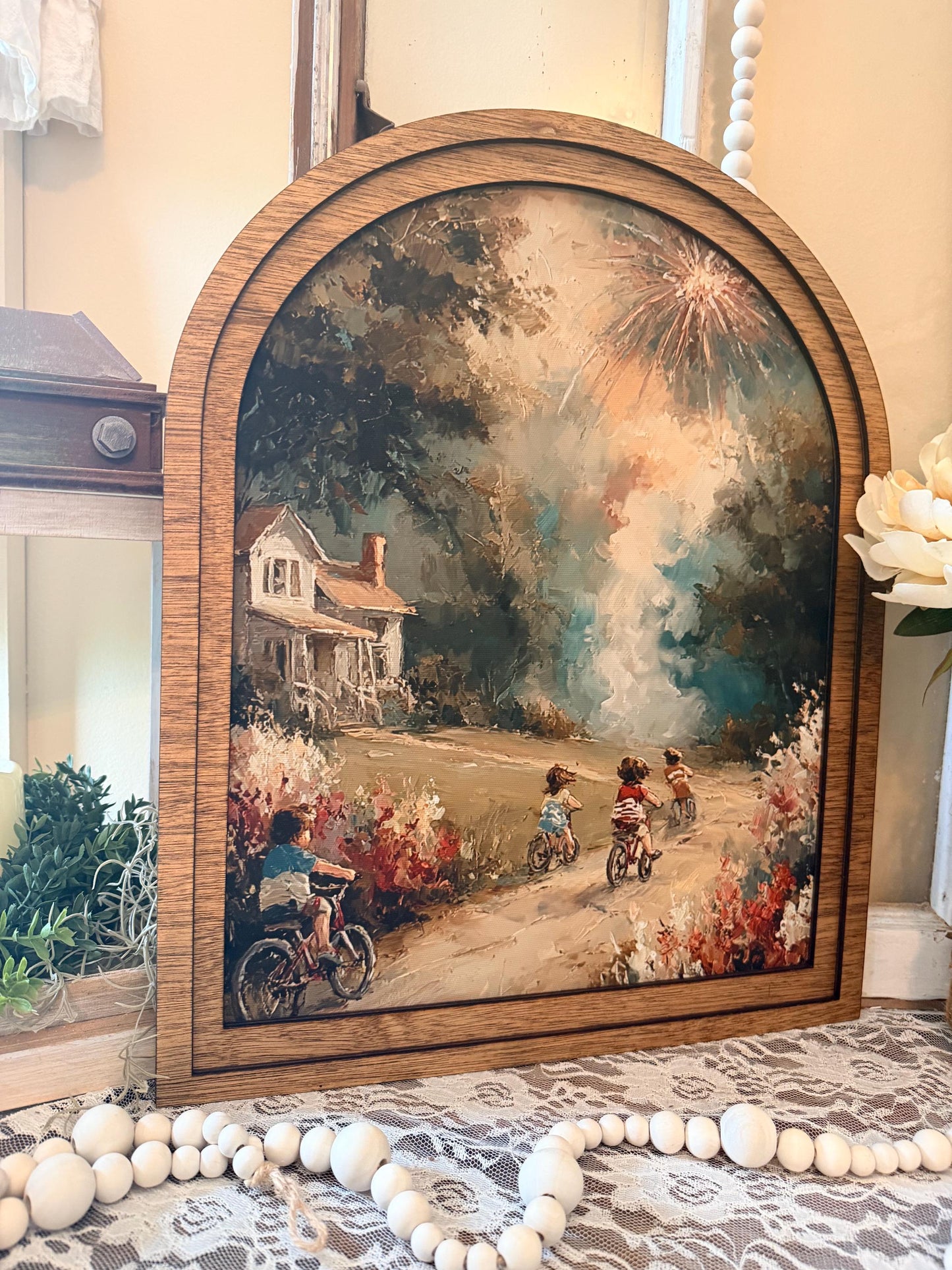 Patriotic Arched Wood Frame Shelf Sitter | 4th of July Farmhouse Americana Decor | Children Flag Art