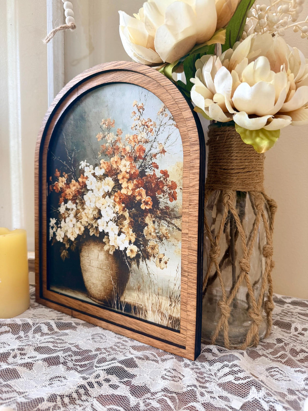Autumn arched frame table top decor, Fall floral home accent, Autumn botanical canvas art