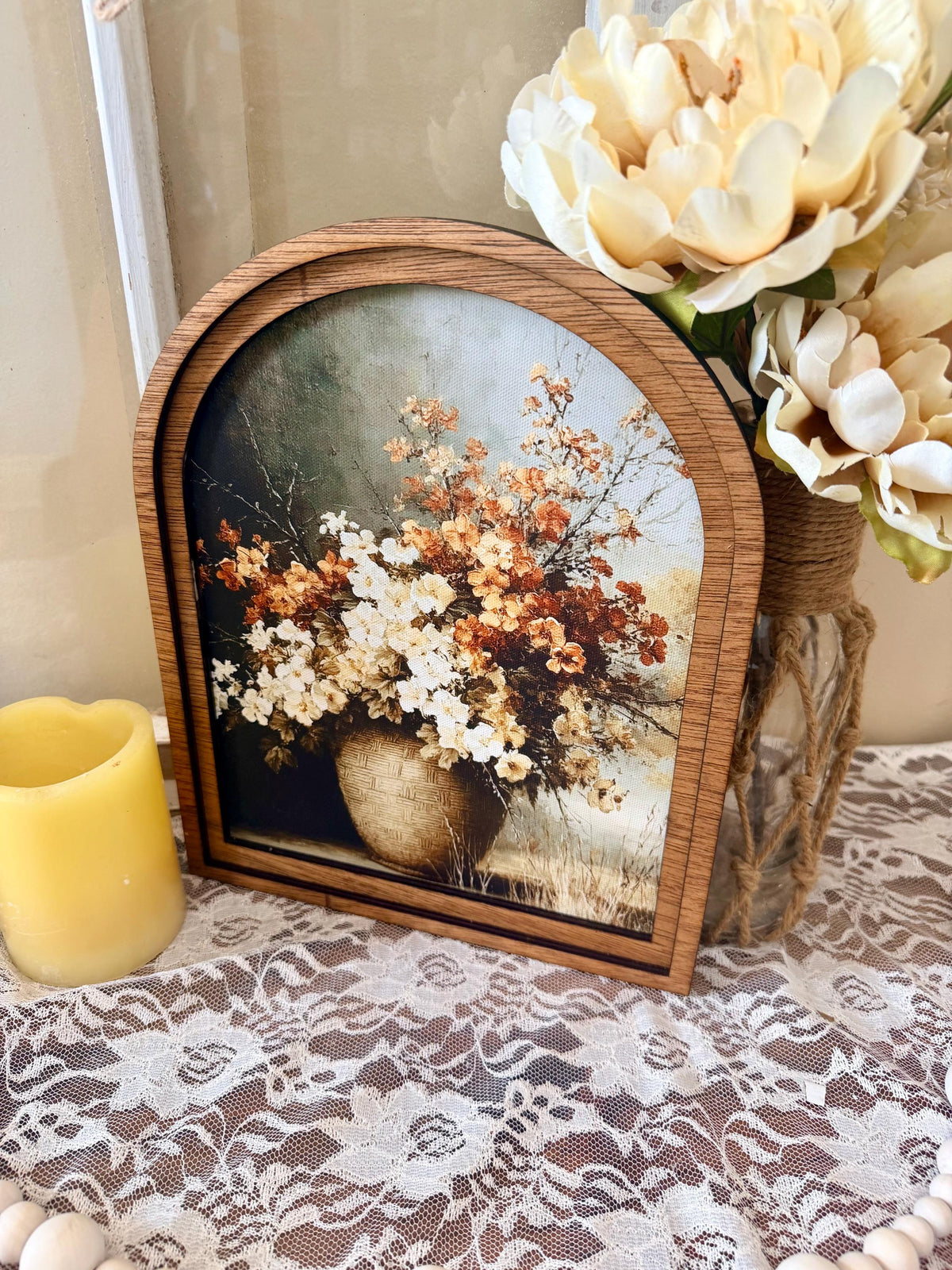 Autumn arched frame table top decor, Fall floral home accent, Autumn botanical canvas art