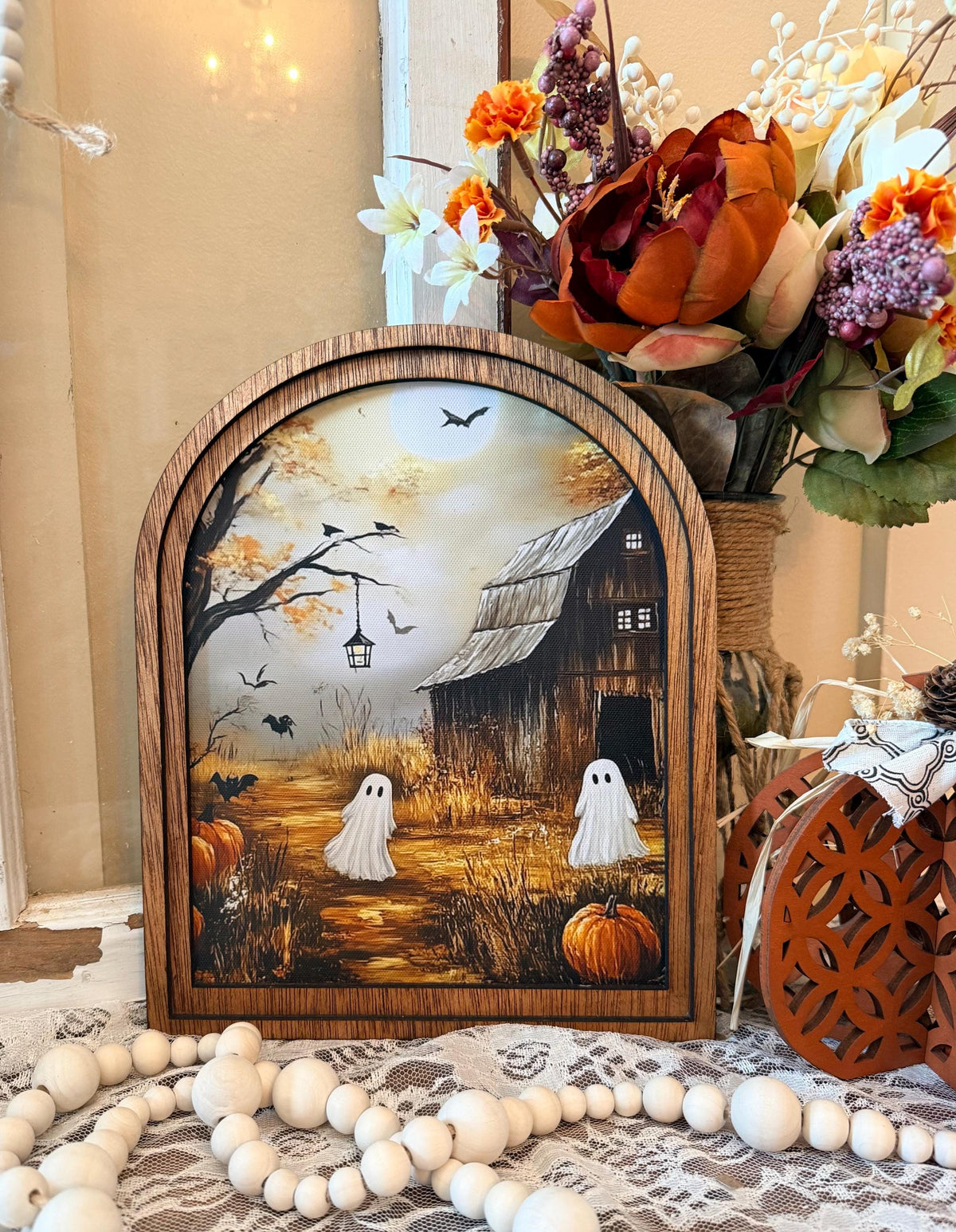 Rustic Halloween Wood Framed Arch Ghost Mini Sign - Spooky Cute Table Top Fall Decor