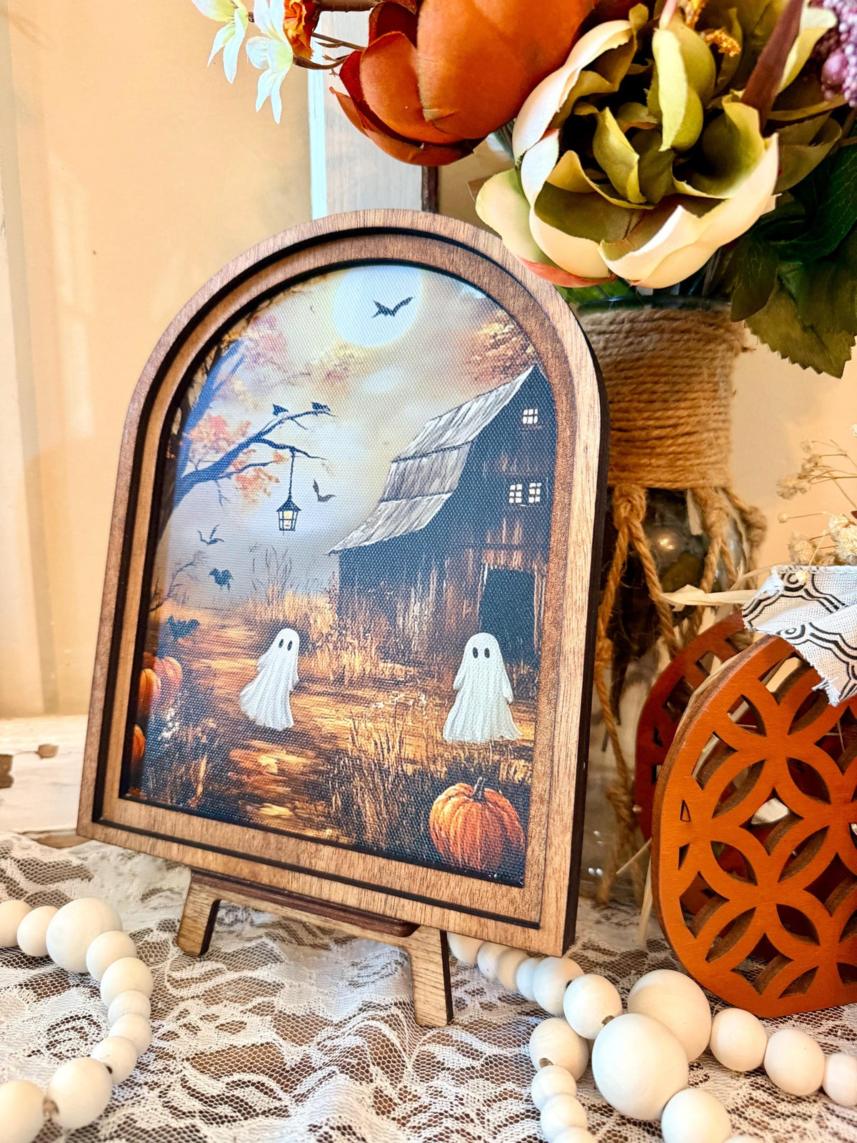 Rustic Halloween Wood Framed Arch Ghost Mini Sign - Spooky Cute Table Top Fall Decor
