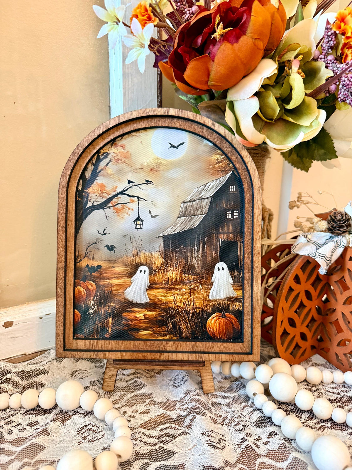 Rustic Halloween Wood Framed Arch Ghost Mini Sign - Spooky Cute Table Top Fall Decor