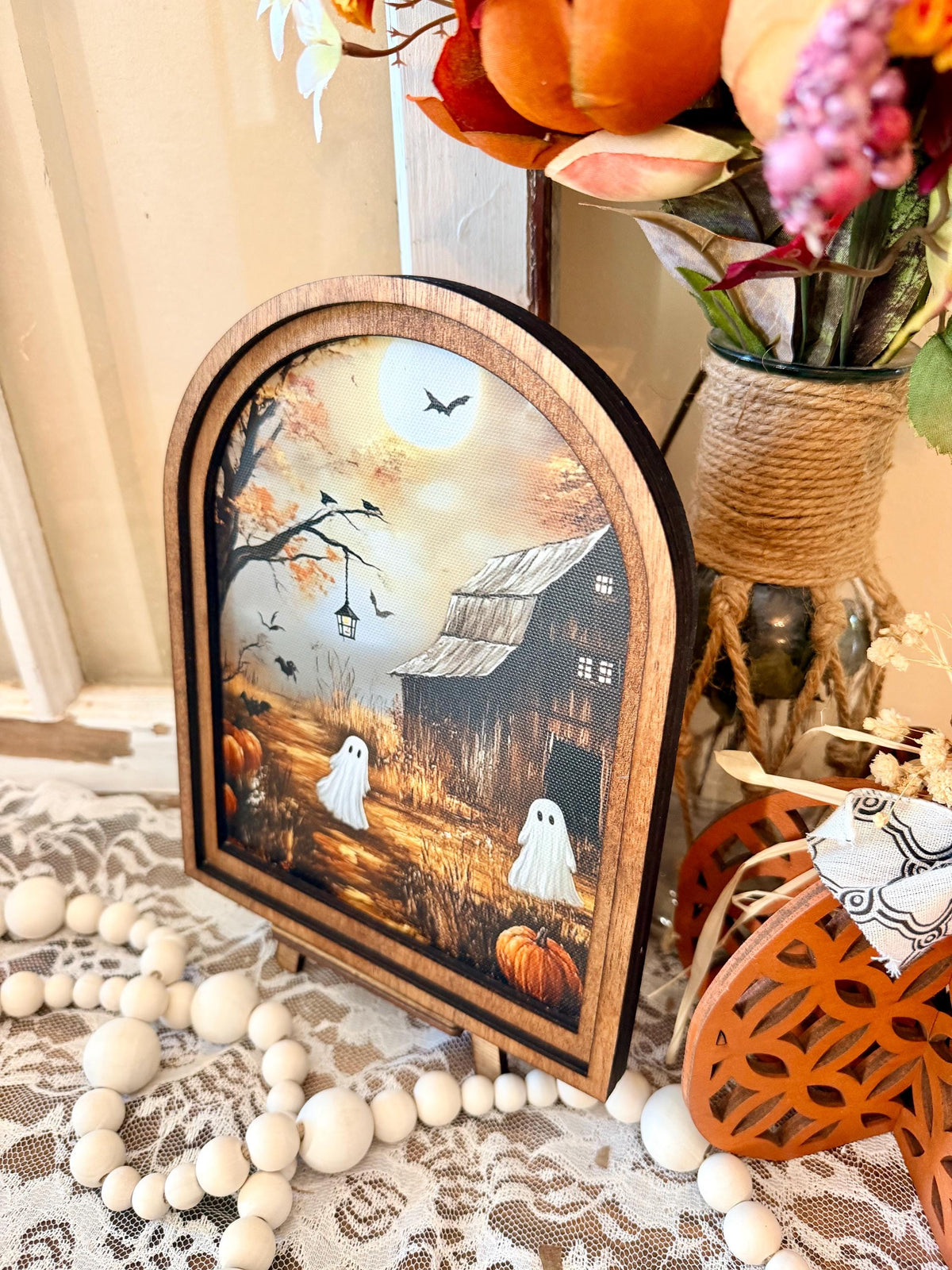 Rustic Halloween Wood Framed Arch Ghost Mini Sign - Spooky Cute Table Top Fall Decor
