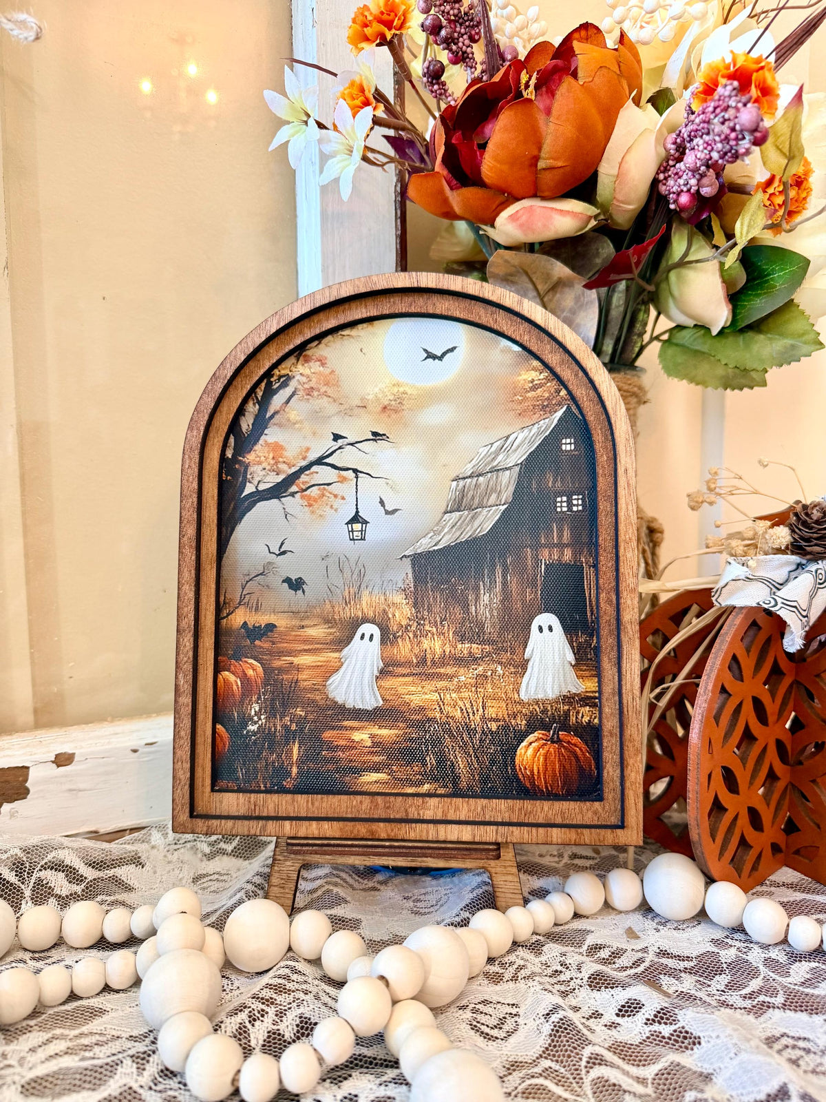 Rustic Halloween Wood Framed Arch Ghost Mini Sign - Spooky Cute Table Top Fall Decor