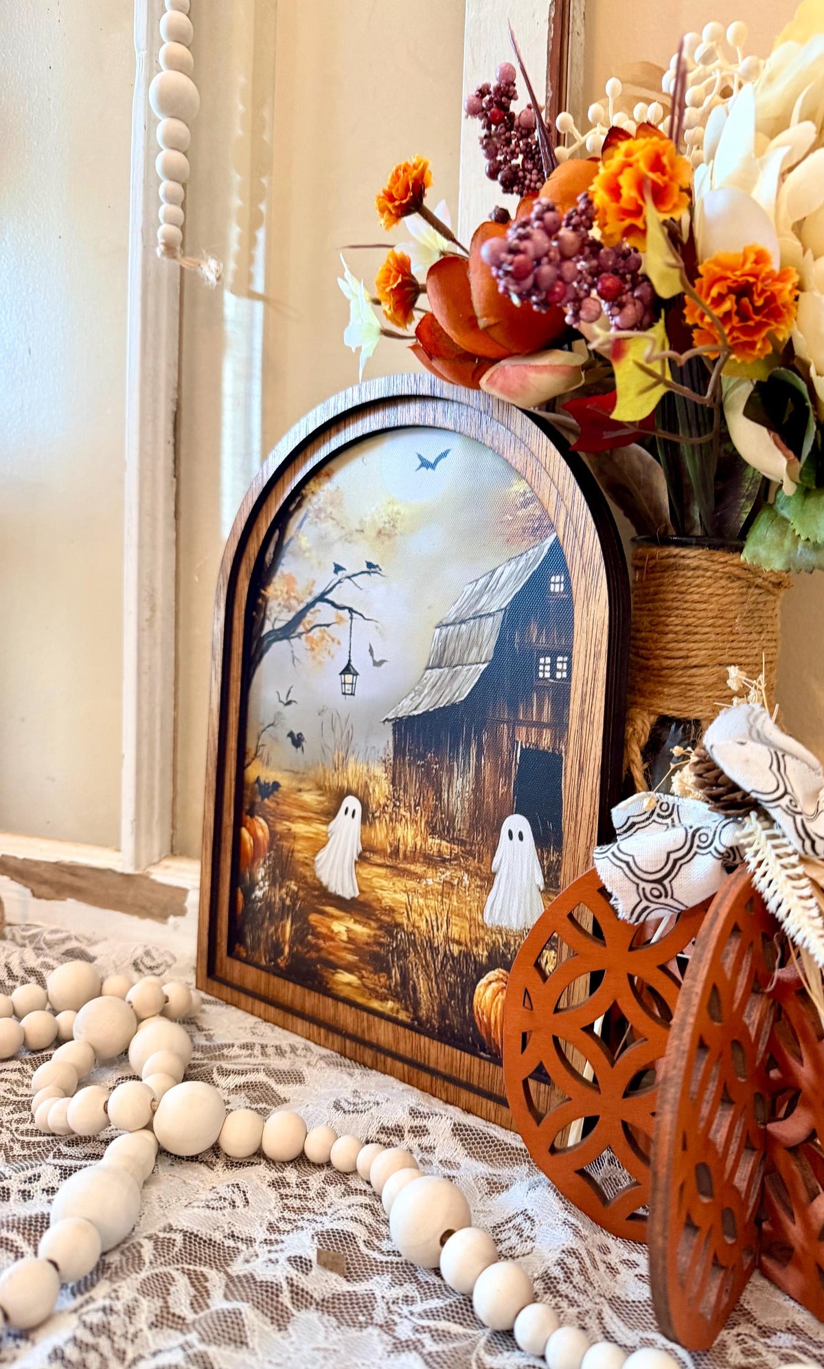 Rustic Halloween Wood Framed Arch Ghost Mini Sign - Spooky Cute Table Top Fall Decor