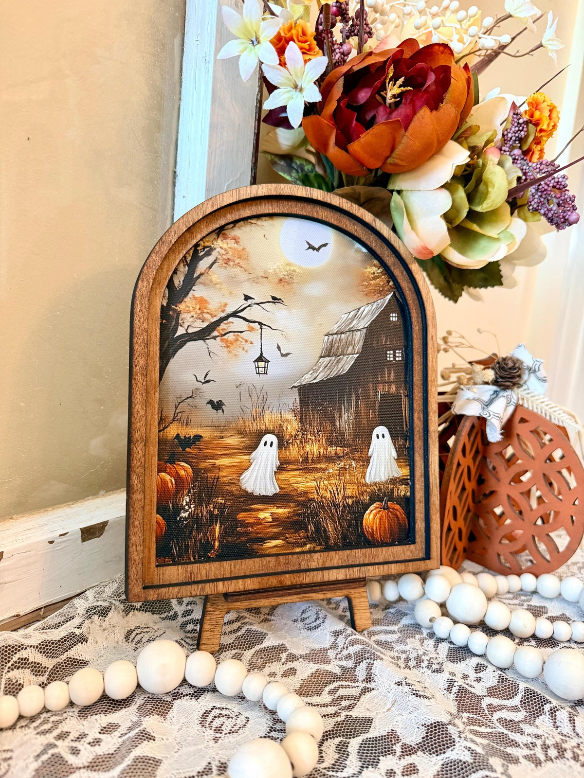 Rustic Halloween Wood Framed Arch Ghost Mini Sign - Spooky Cute Table Top Fall Decor