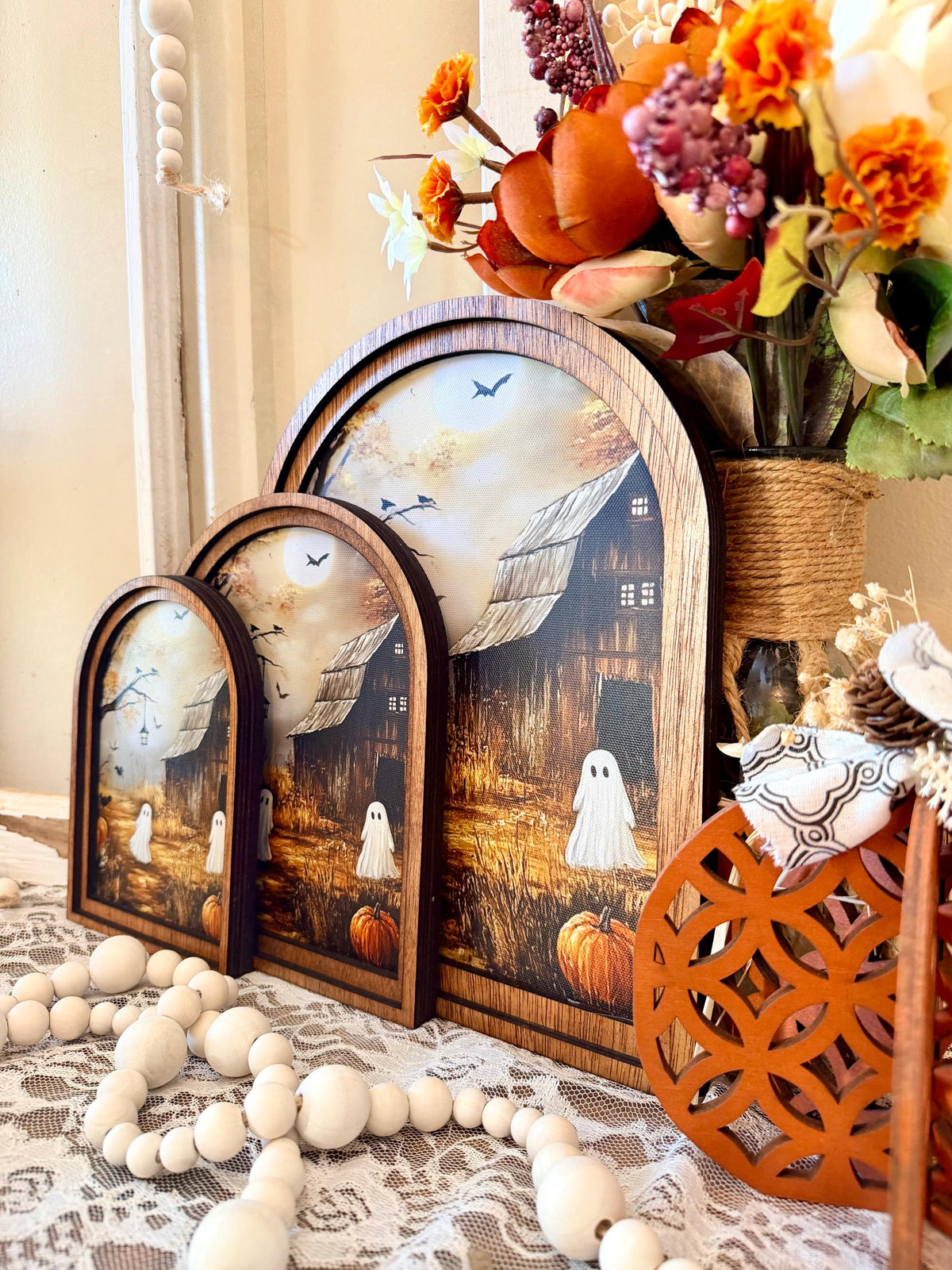 Rustic Halloween Wood Framed Arch Ghost Mini Sign - Spooky Cute Table Top Fall Decor