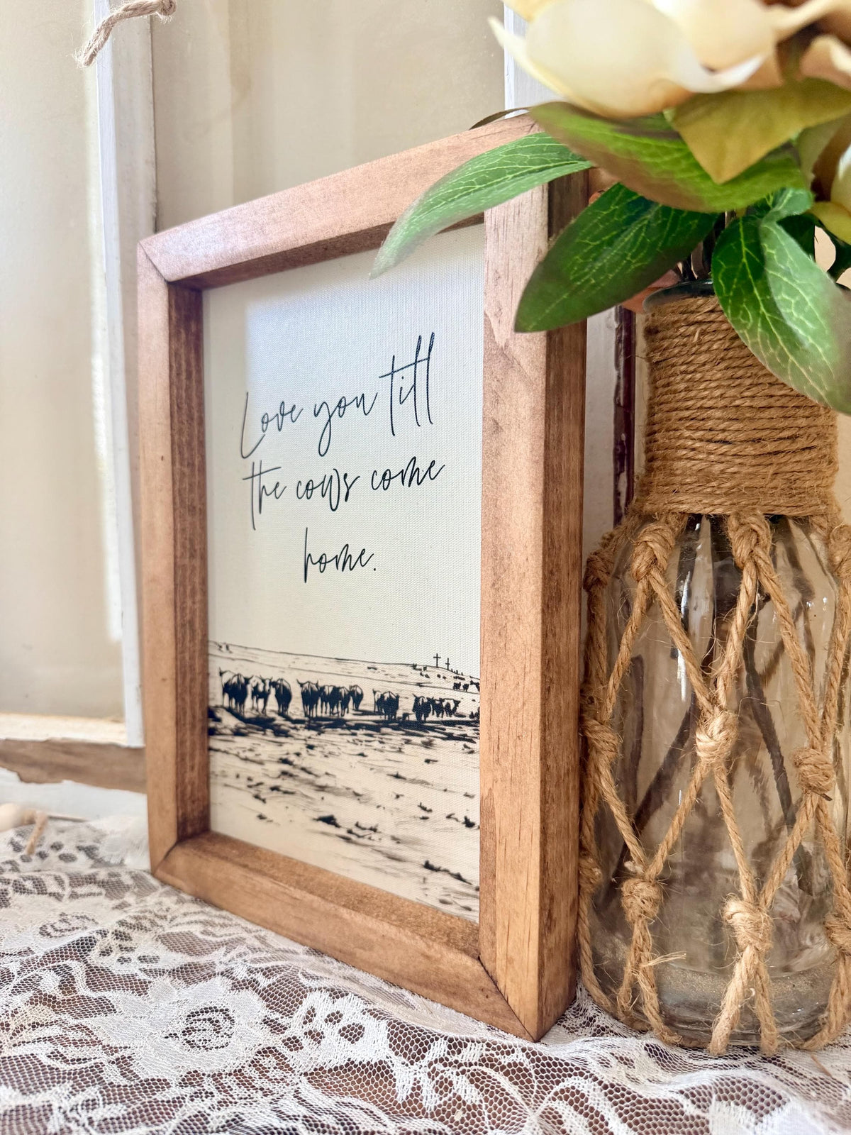 Love you until the cows come home wood framed canvas art, farmhouse wall decor, rustic wood sign,