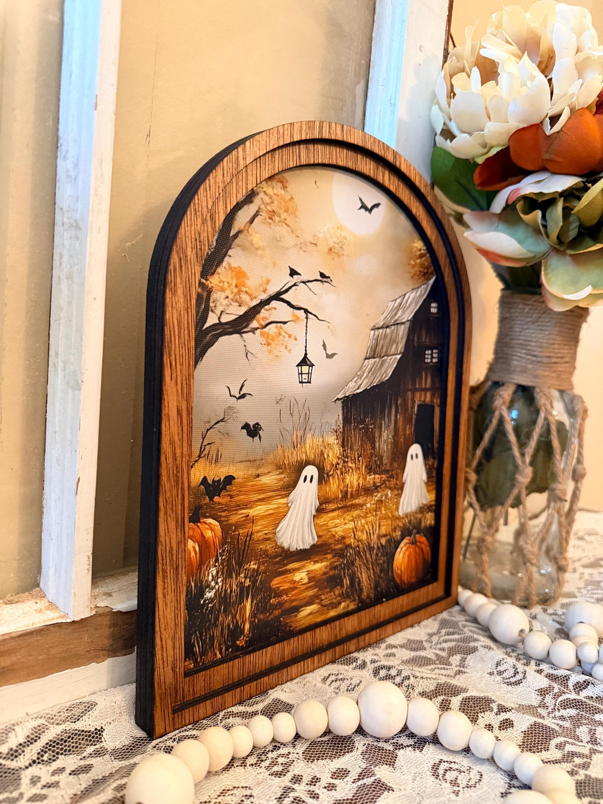 Rustic Halloween Wood Framed Arch Ghost Mini Sign - Spooky Cute Table Top Fall Decor