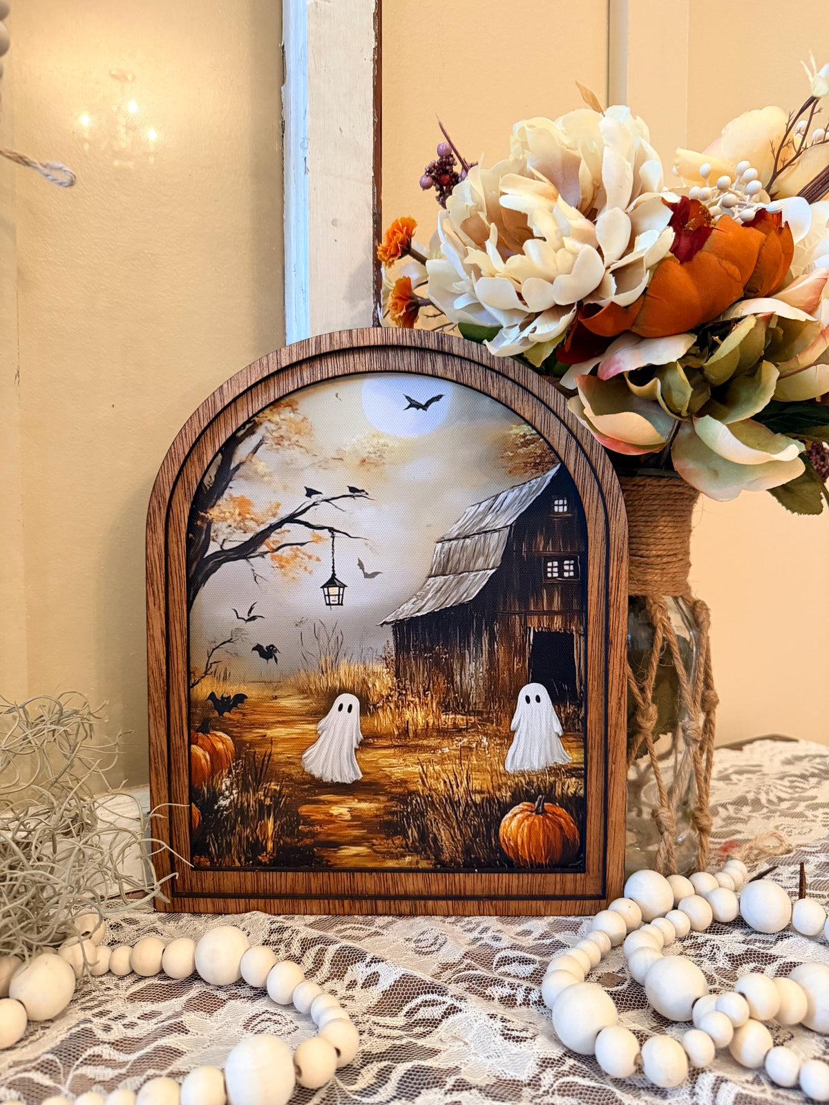 Rustic Halloween Wood Framed Arch Ghost Mini Sign - Spooky Cute Table Top Fall Decor