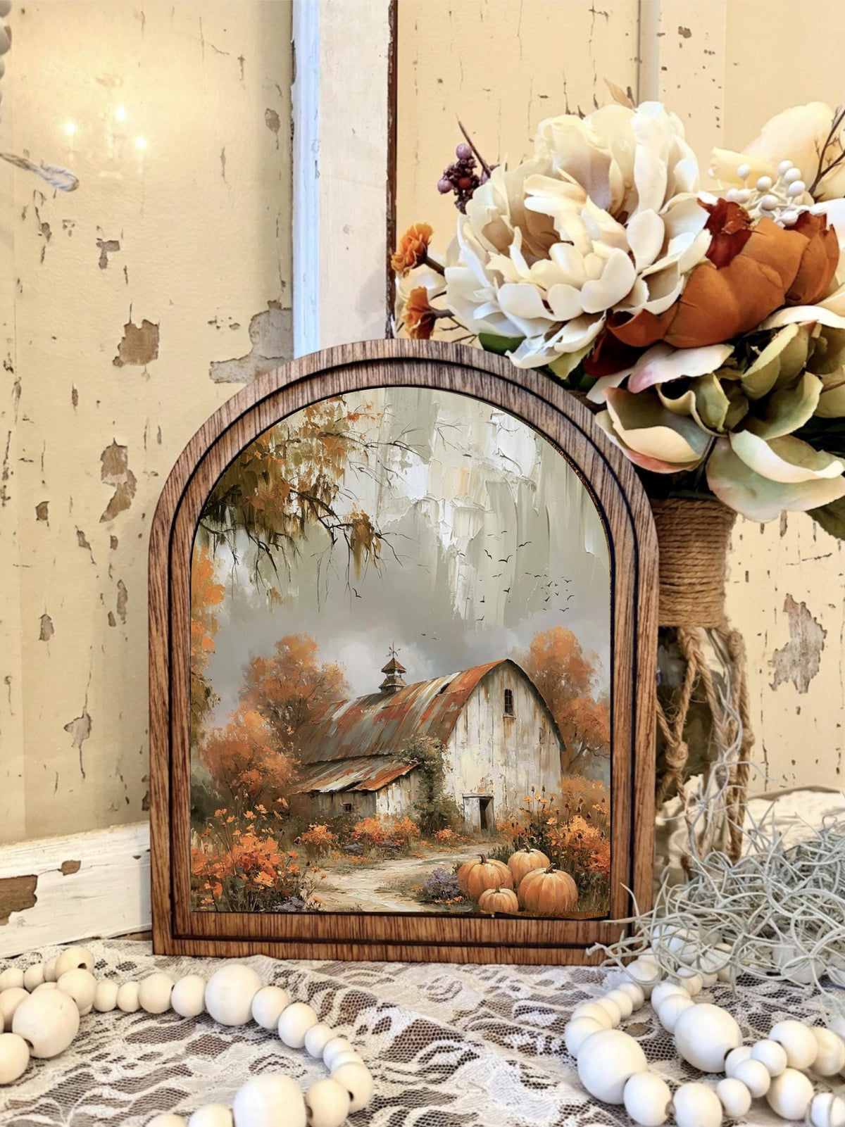 Rustic Barn Arched Wood Sign – Autumn Landscape Fall Framed Canvas  Decor, Tiered Tray  Mantel Shelf Art