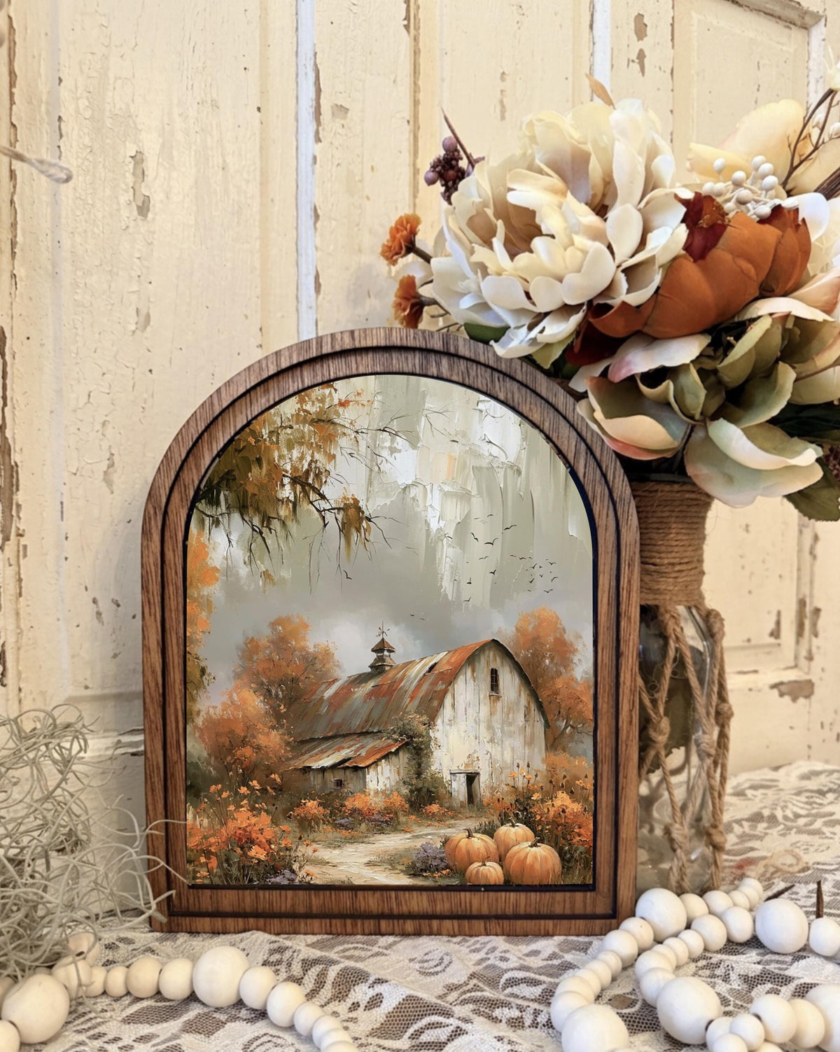 Rustic Barn Arched Wood Sign – Autumn Landscape Fall Framed Canvas  Decor, Tiered Tray  Mantel Shelf Art