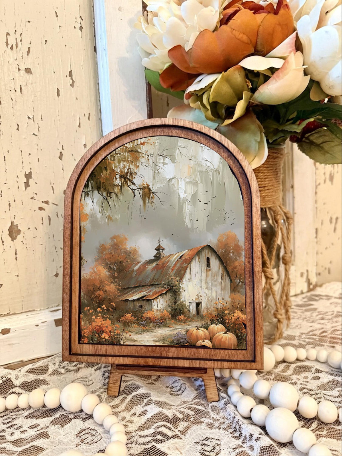Rustic Barn Arched Wood Sign – Autumn Landscape Fall Framed Canvas  Decor, Tiered Tray  Mantel Shelf Art
