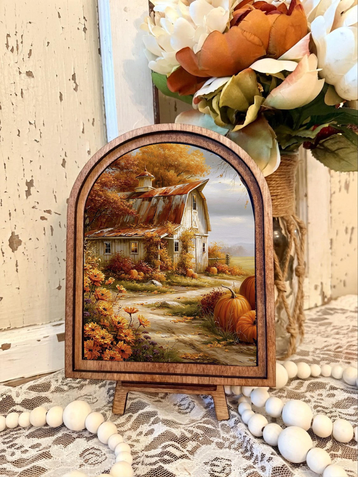 Country Barn Landscape Autumn Canvas Wood Framed Arched Shelf Sitter Mantel Decor, Farmhouse Fall Art, Cozy Fall Home Accent