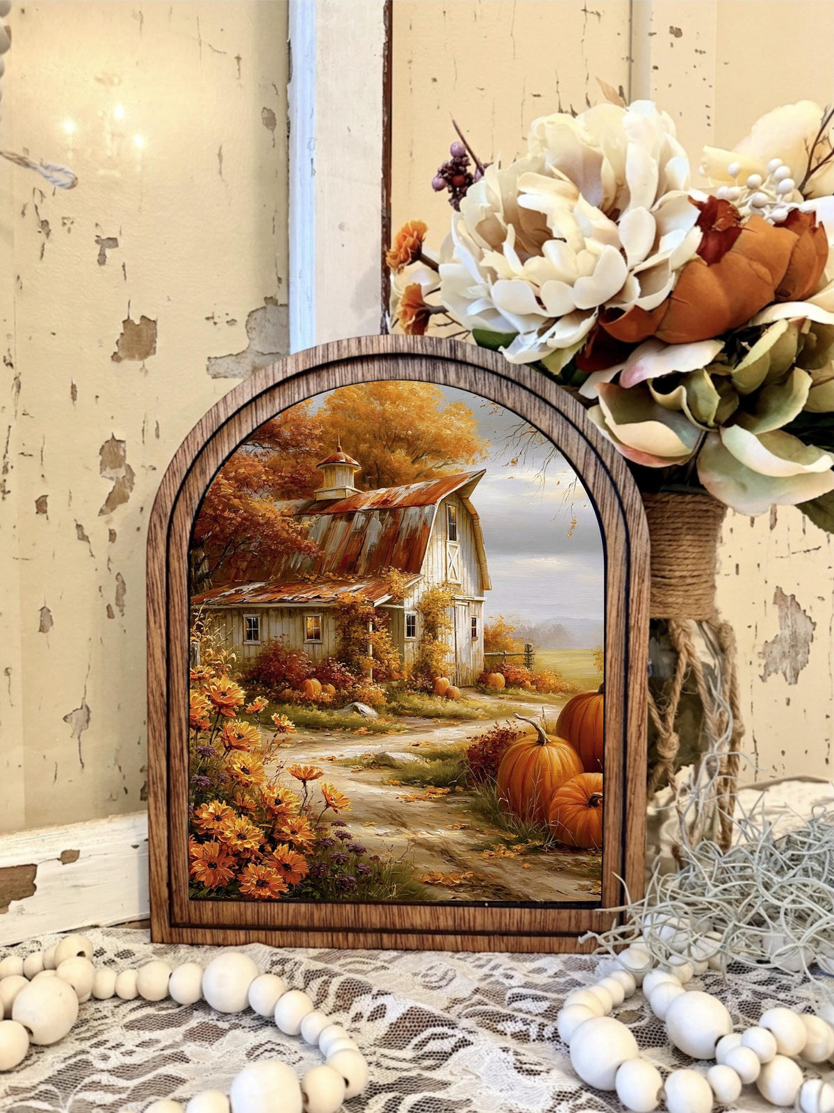 Country Barn Landscape Autumn Canvas Wood Framed Arched Shelf Sitter Mantel Decor, Farmhouse Fall Art, Cozy Fall Home Accent